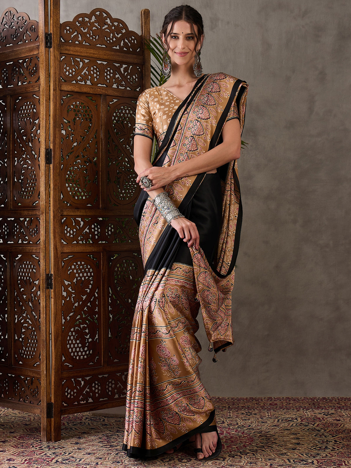 Desiring Festive Wear Satin Silk Ajrak Print Rich Pallu Fancy Saree With Unstitched Blouse Piece