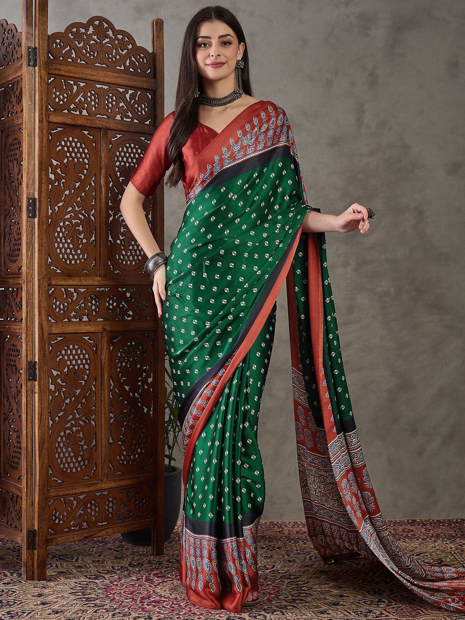 Captivating Party Wear Satin Silk Ajrak Print Rich Pallu Fancy Saree With Unstitched Blouse Piece