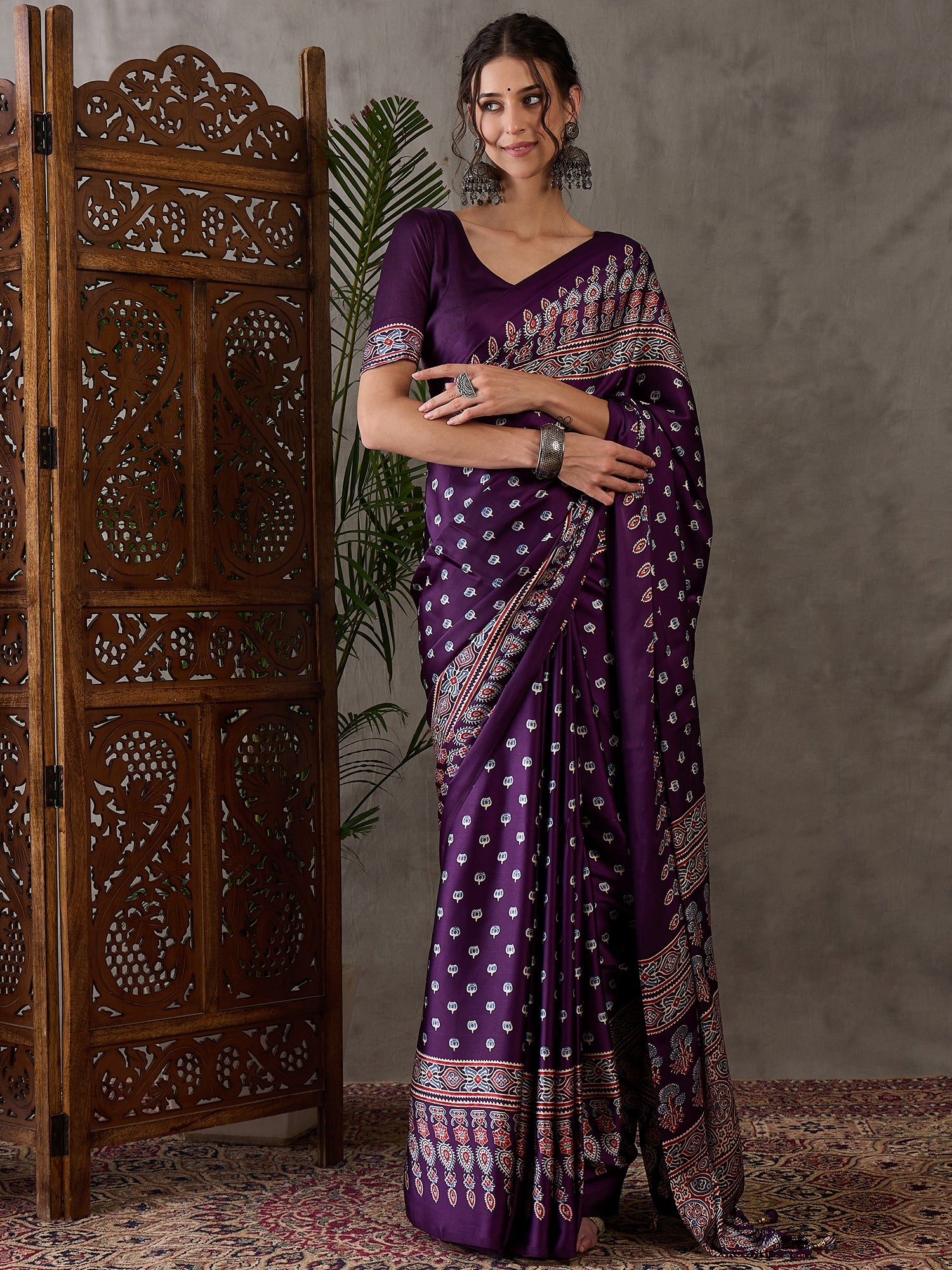 Glamorous Party Wear Satin Silk Ajrak Printed Rich Pallu Designer Saree With Unstitched Blouse Piece
