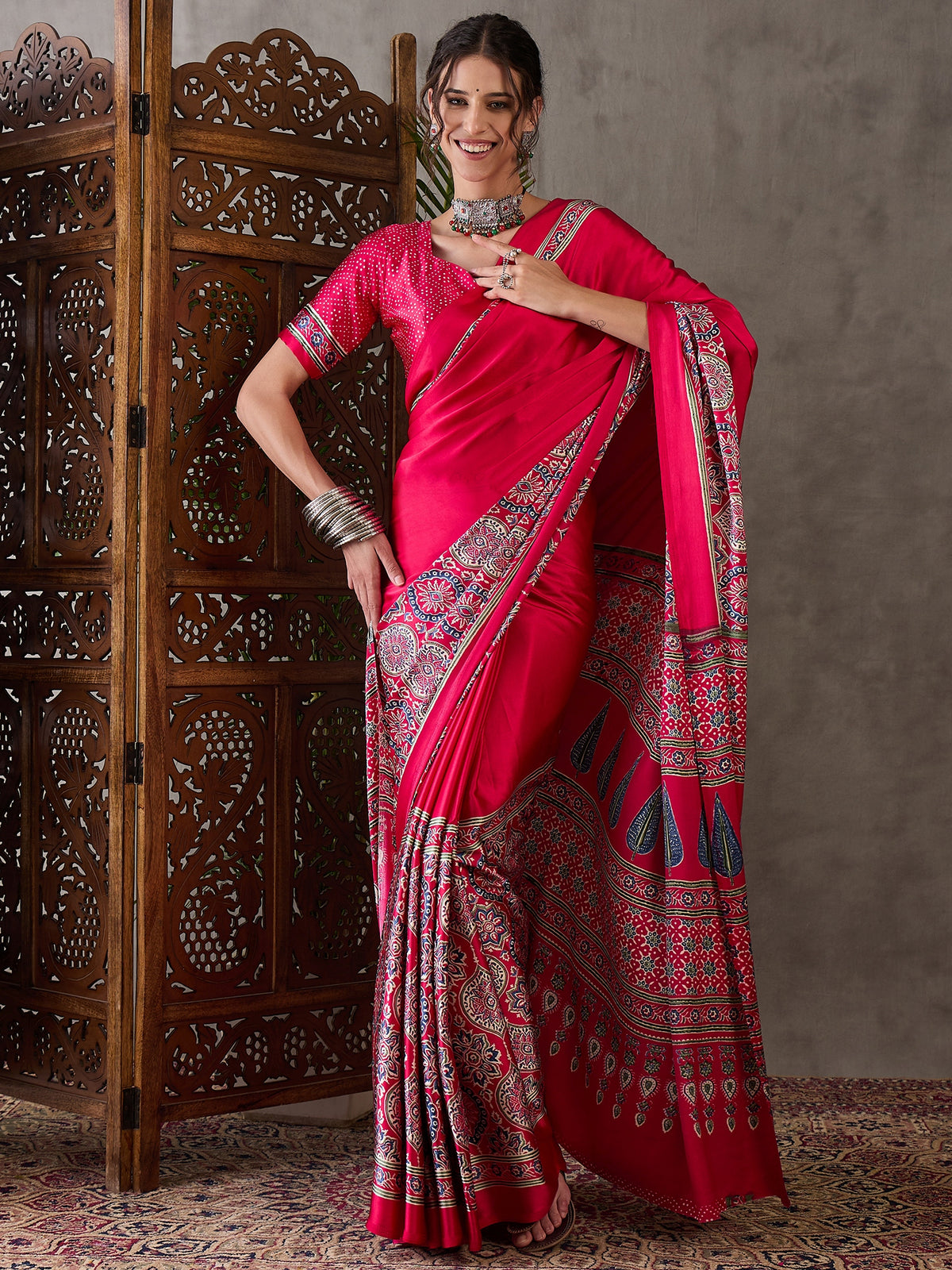 Heritage Function Wear Satin Silk Ajrak Print Rich Pallu Fancy Saree With Unstitched Blouse Piece