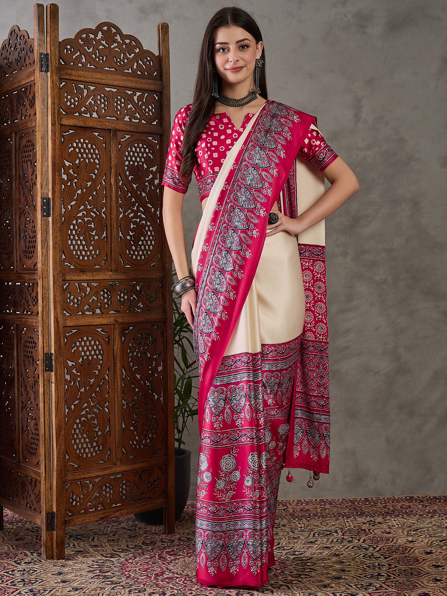 Desiring Festive Wear Satin Silk Ajrak Print Rich Pallu Fancy Saree With Unstitched Blouse Piece
