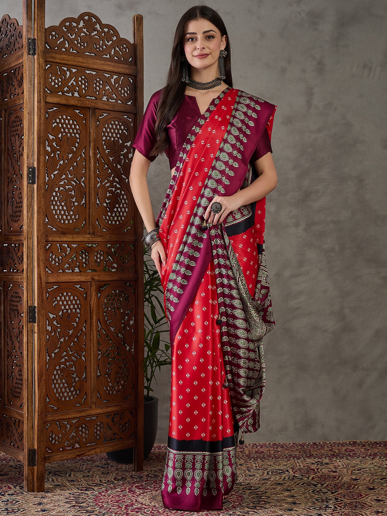 Captivating Party Wear Satin Silk Ajrak Print Rich Pallu Fancy Saree With Unstitched Blouse Piece