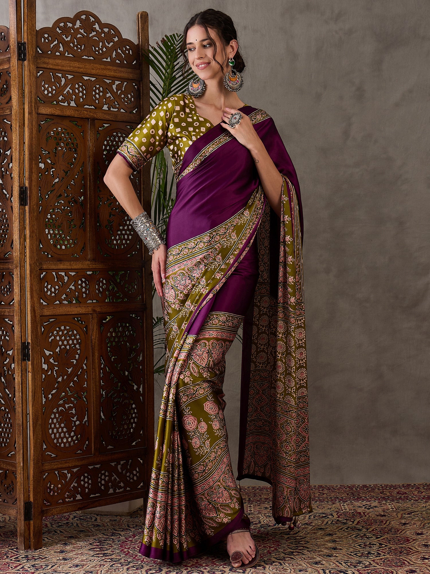 Desiring Festive Wear Satin Silk Ajrak Print Rich Pallu Fancy Saree With Unstitched Blouse Piece