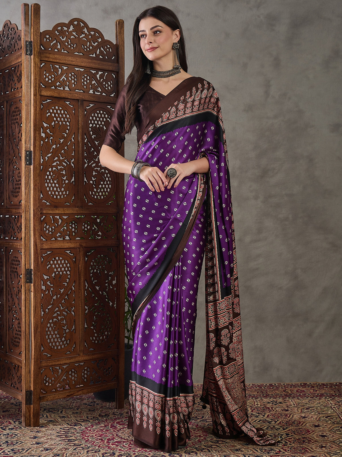 Captivating Party Wear Satin Silk Ajrak Print Rich Pallu Fancy Saree With Unstitched Blouse Piece
