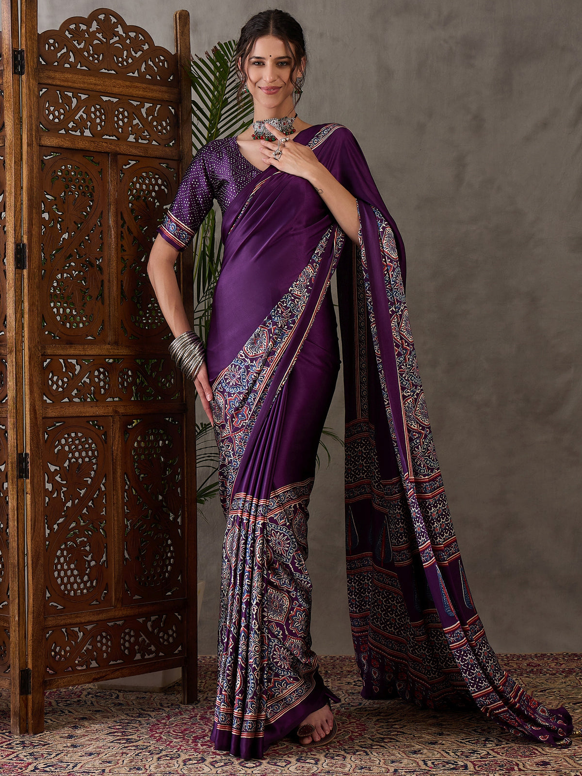 Heritage Function Wear Satin Silk Ajrak Print Rich Pallu Fancy Saree With Unstitched Blouse Piece