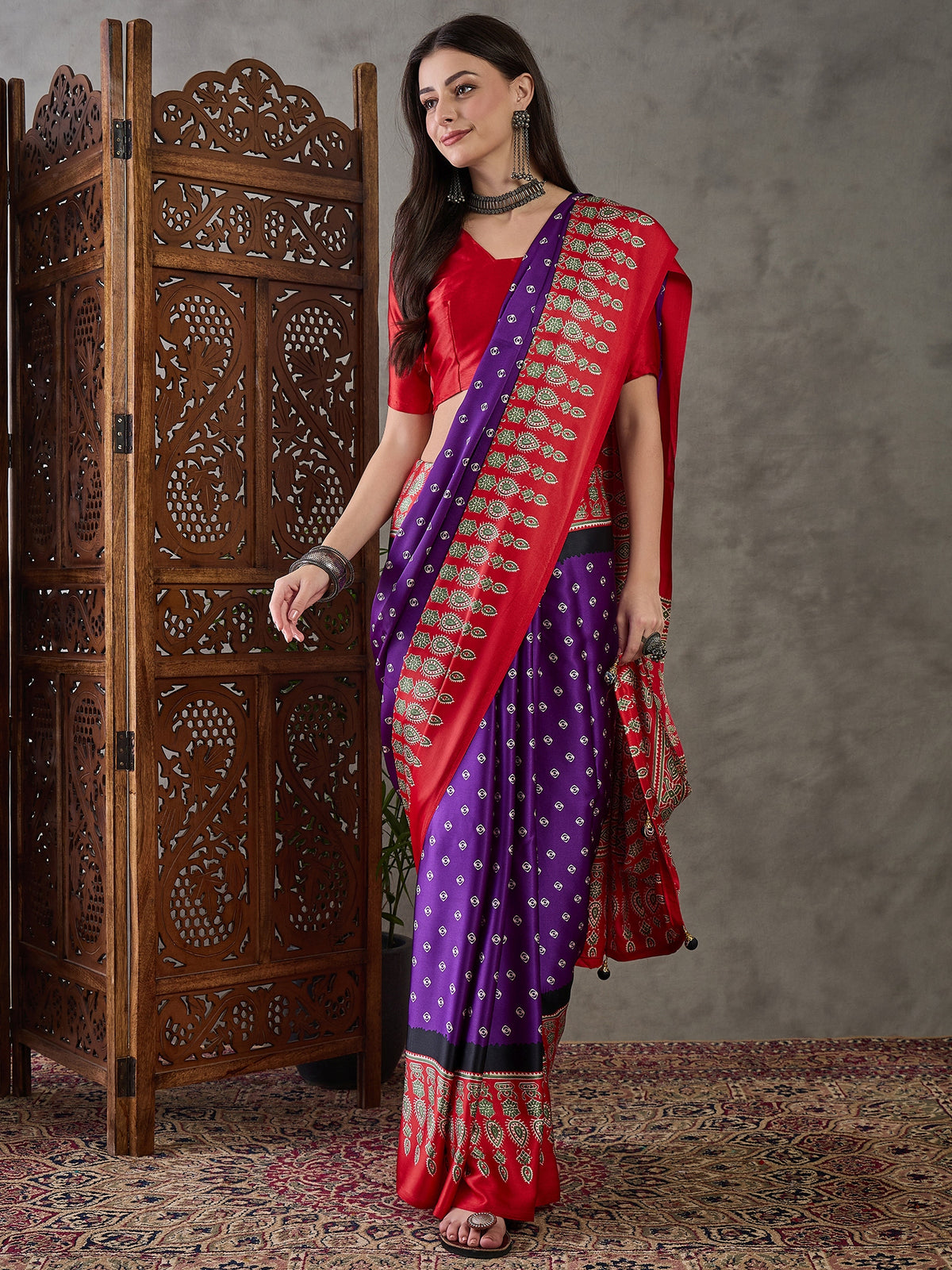 Captivating Party Wear Satin Silk Ajrak Print Rich Pallu Fancy Saree With Unstitched Blouse Piece