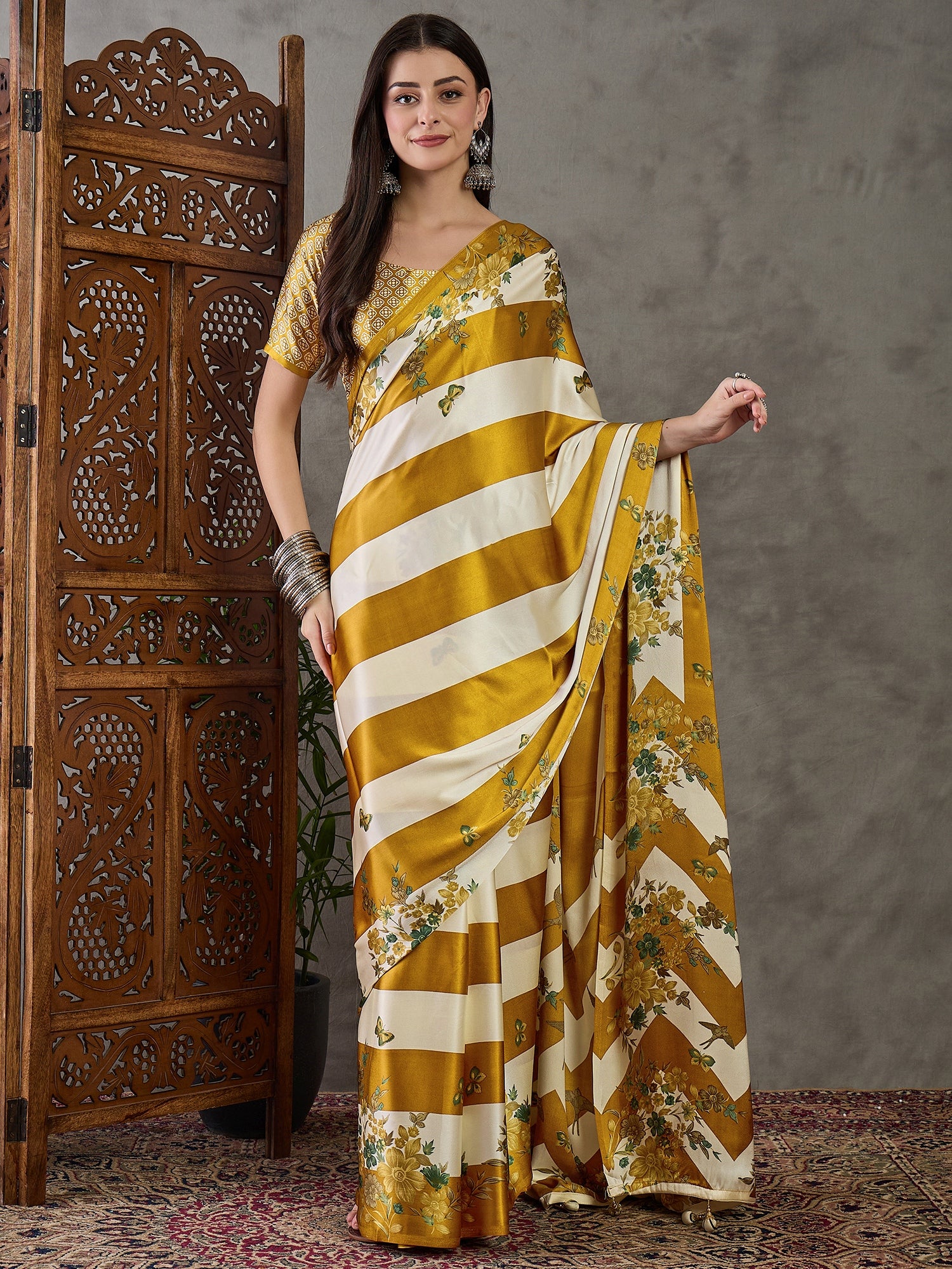 Opulent Wedding Wear Satin Silk Floral Print Designer Saree For Occasion