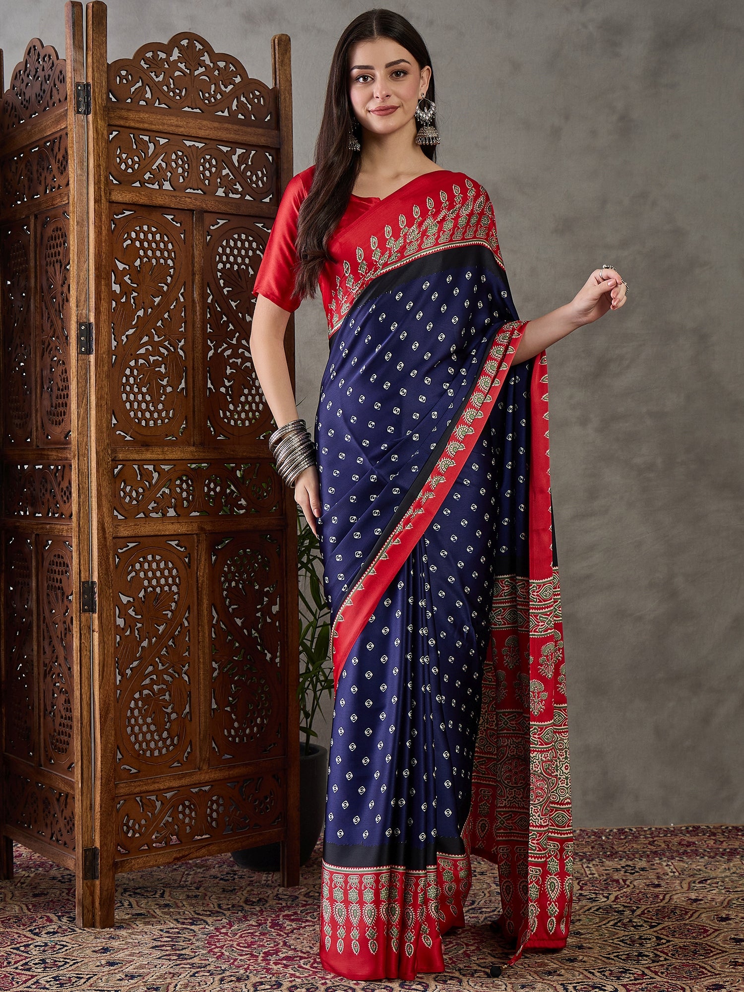 Captivating Party Wear Satin Silk Ajrak Print Rich Pallu Fancy Saree With Unstitched Blouse Piece