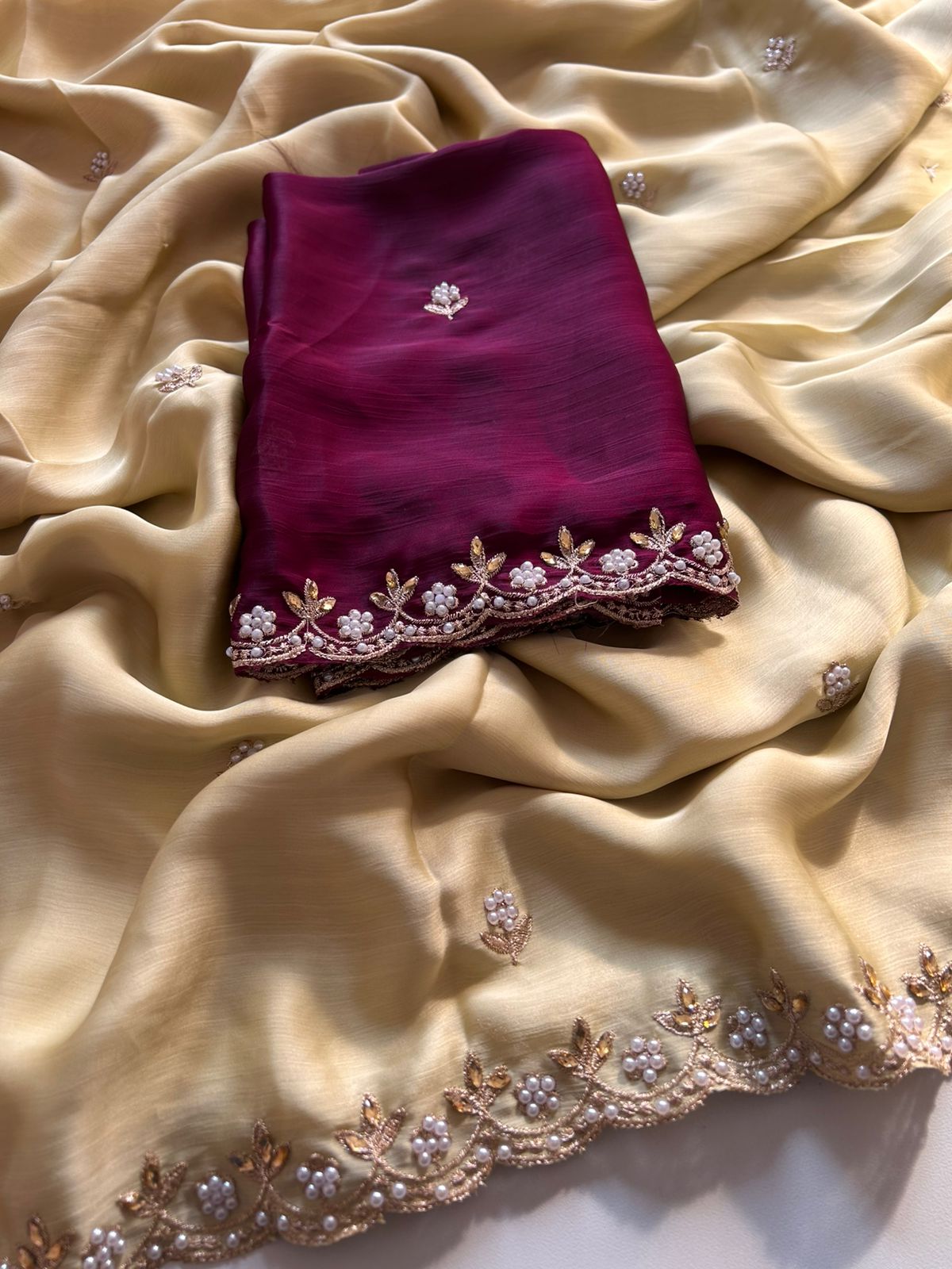 New Partywear Satin Chiffon Embroidery n Diamond Work Fancy Designer Saree With Blouse