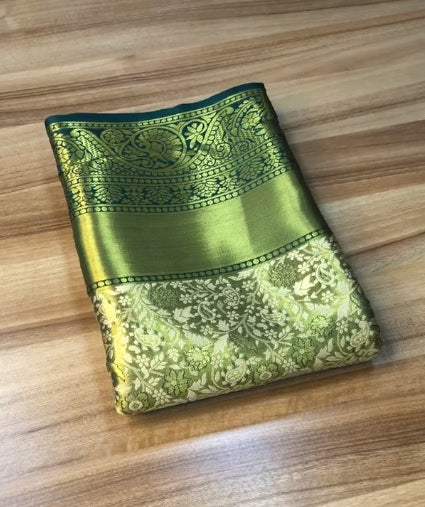 New Wedding Wear Green Color Kanjivaram Silk Pure Zari Weaving with Beautiful Meena Weaving Saree With Blouse