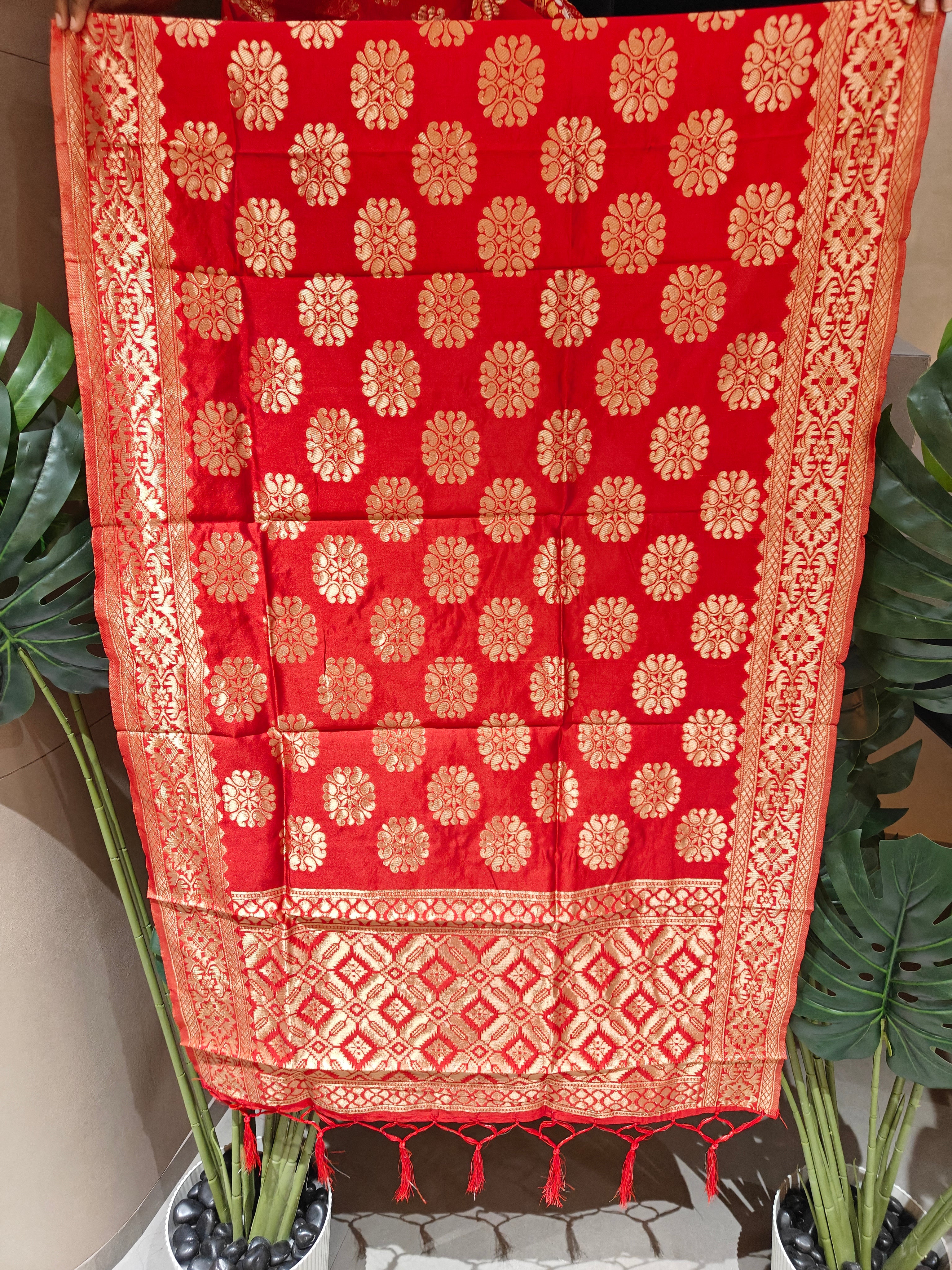 Royal Party Wear Red Banarasi Silk Fancy Designer Dupatta