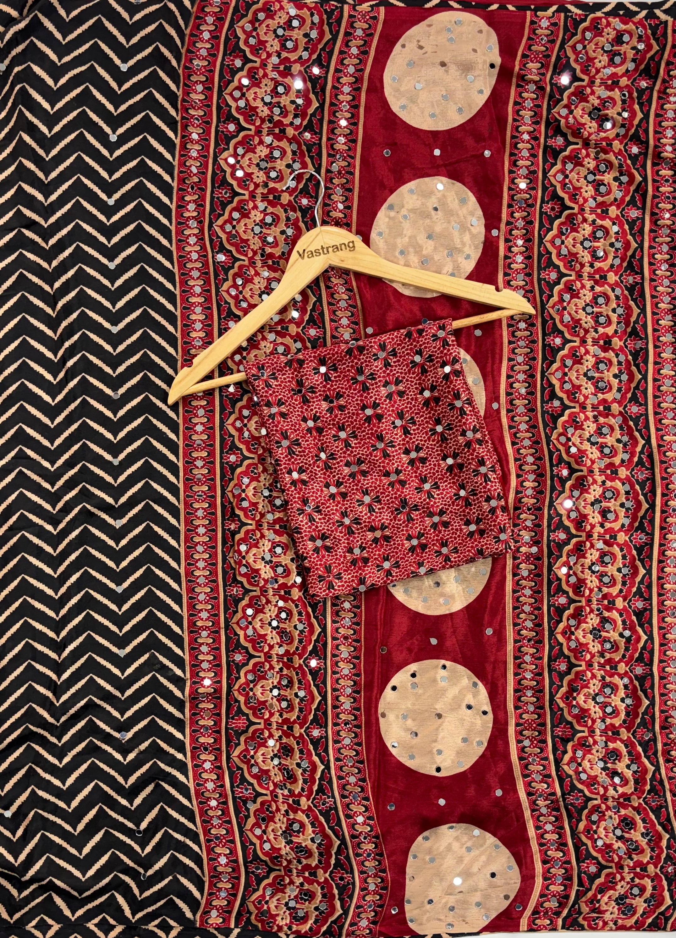 Divine Festive Wear Silk Ajrak Print Mirror Work Rich Pallu Designer Saree With Blouse Piece
