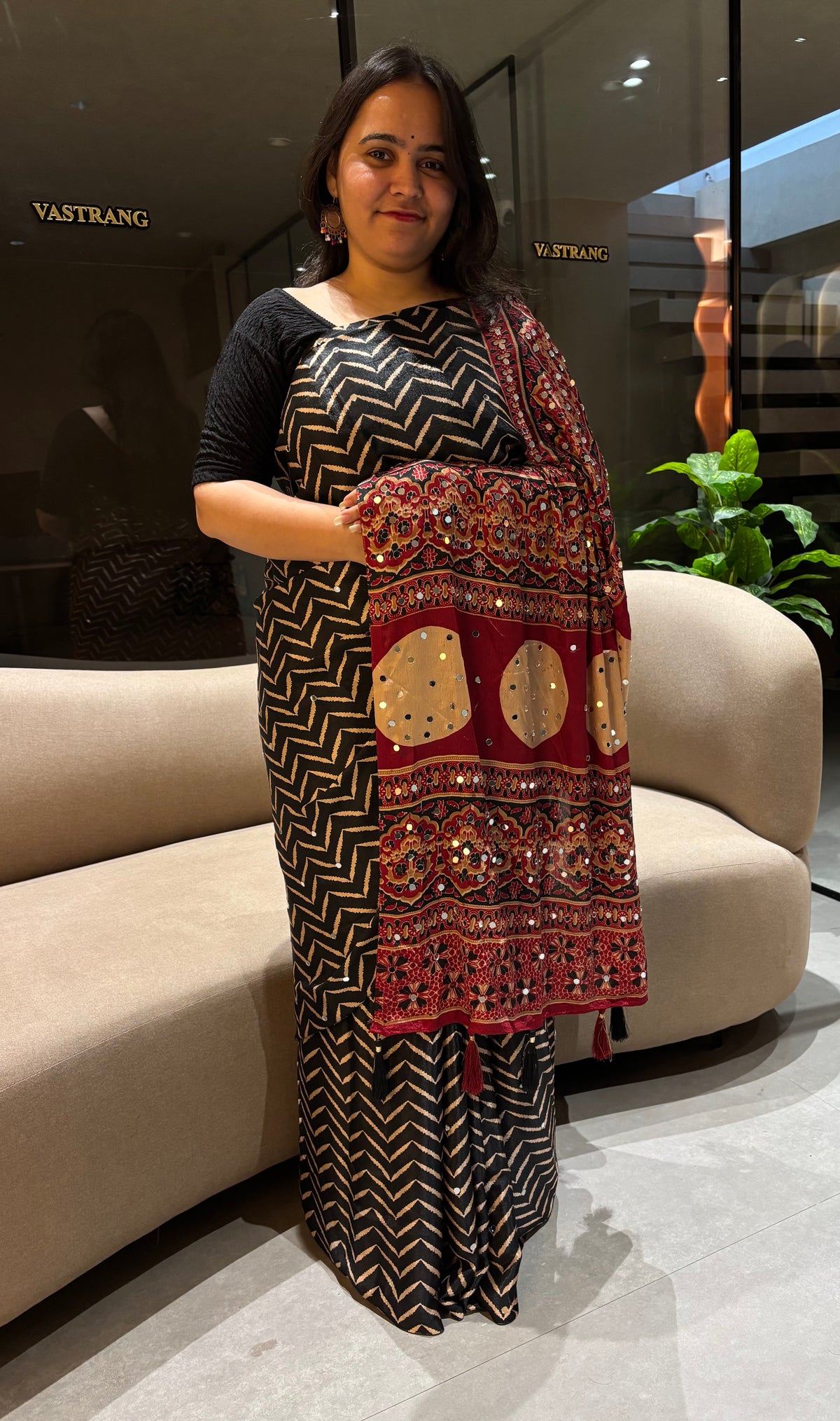 Divine Festive Wear Silk Ajrak Print Mirror Work Rich Pallu Designer Saree With Blouse Piece