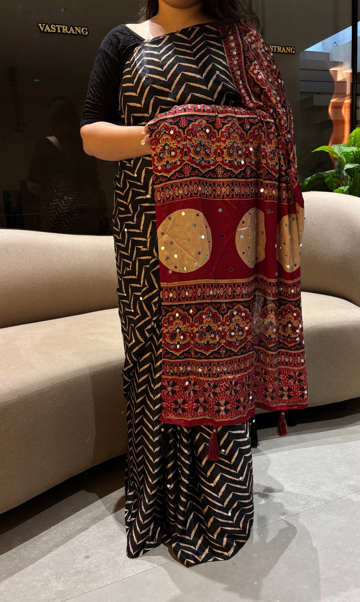Divine Festive Wear Silk Ajrak Print Mirror Work Rich Pallu Designer Saree With Blouse Piece