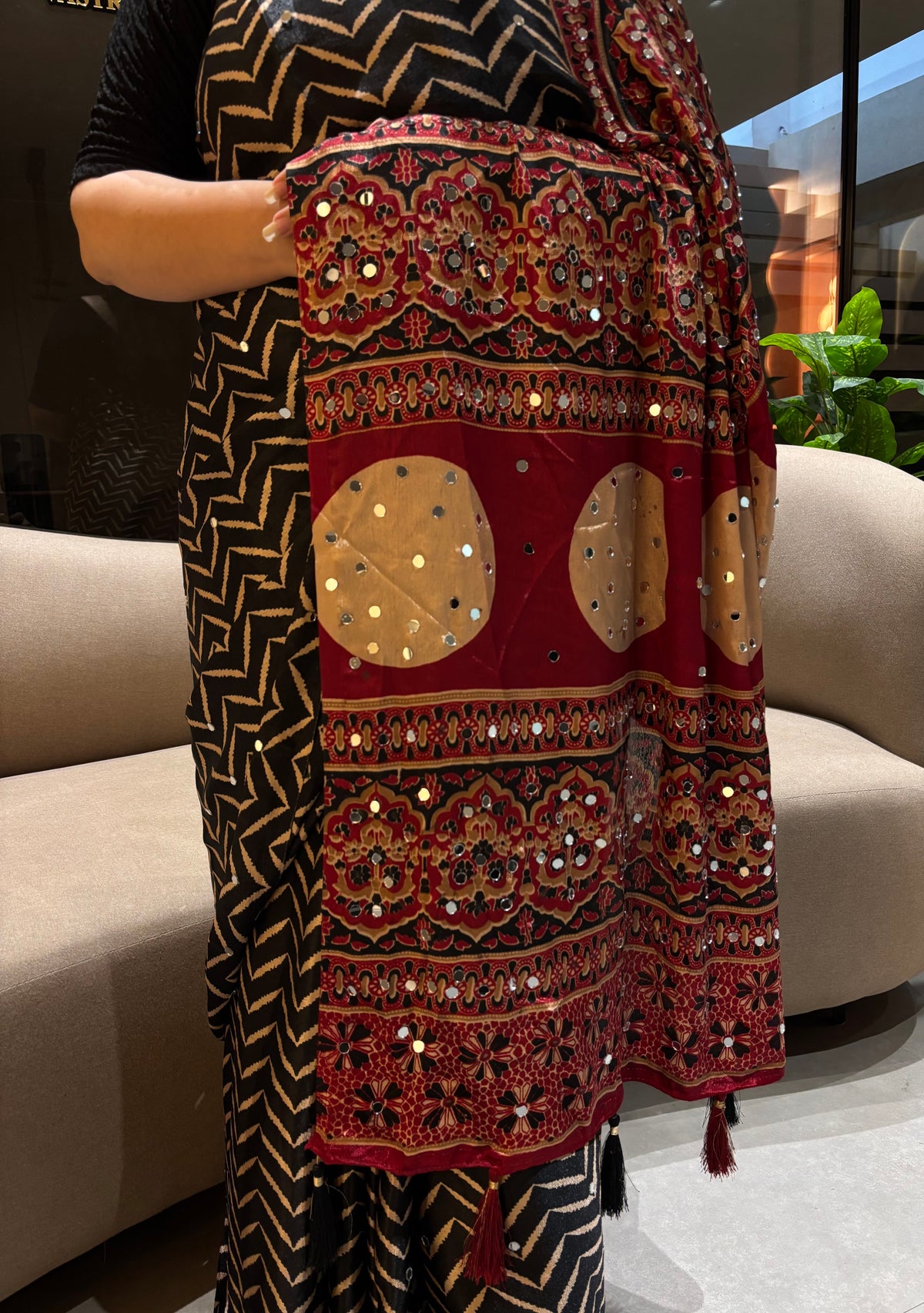 Divine Festive Wear Silk Ajrak Print Mirror Work Rich Pallu Designer Saree With Blouse Piece