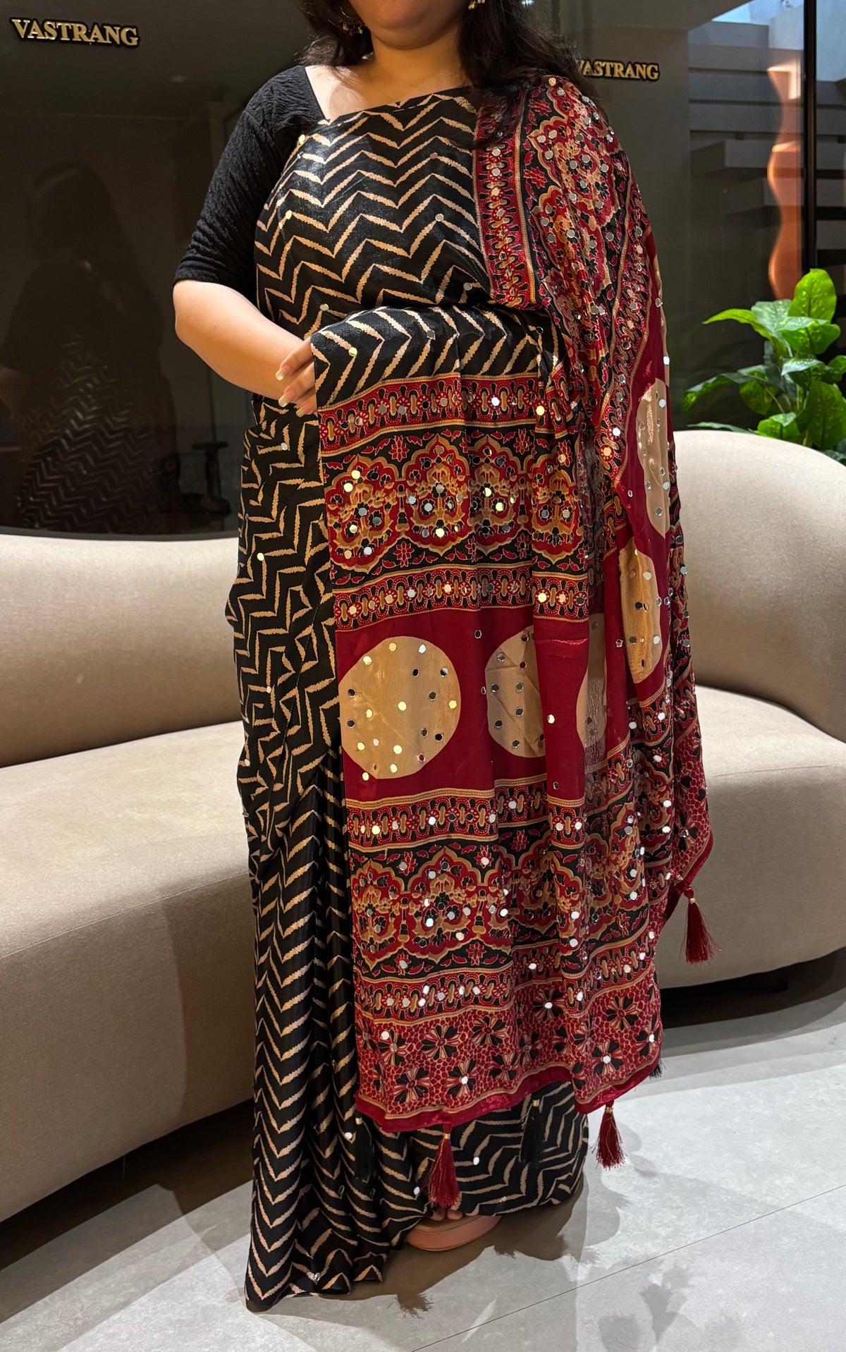 Divine Festive Wear Silk Ajrak Print Mirror Work Rich Pallu Designer Saree With Blouse Piece