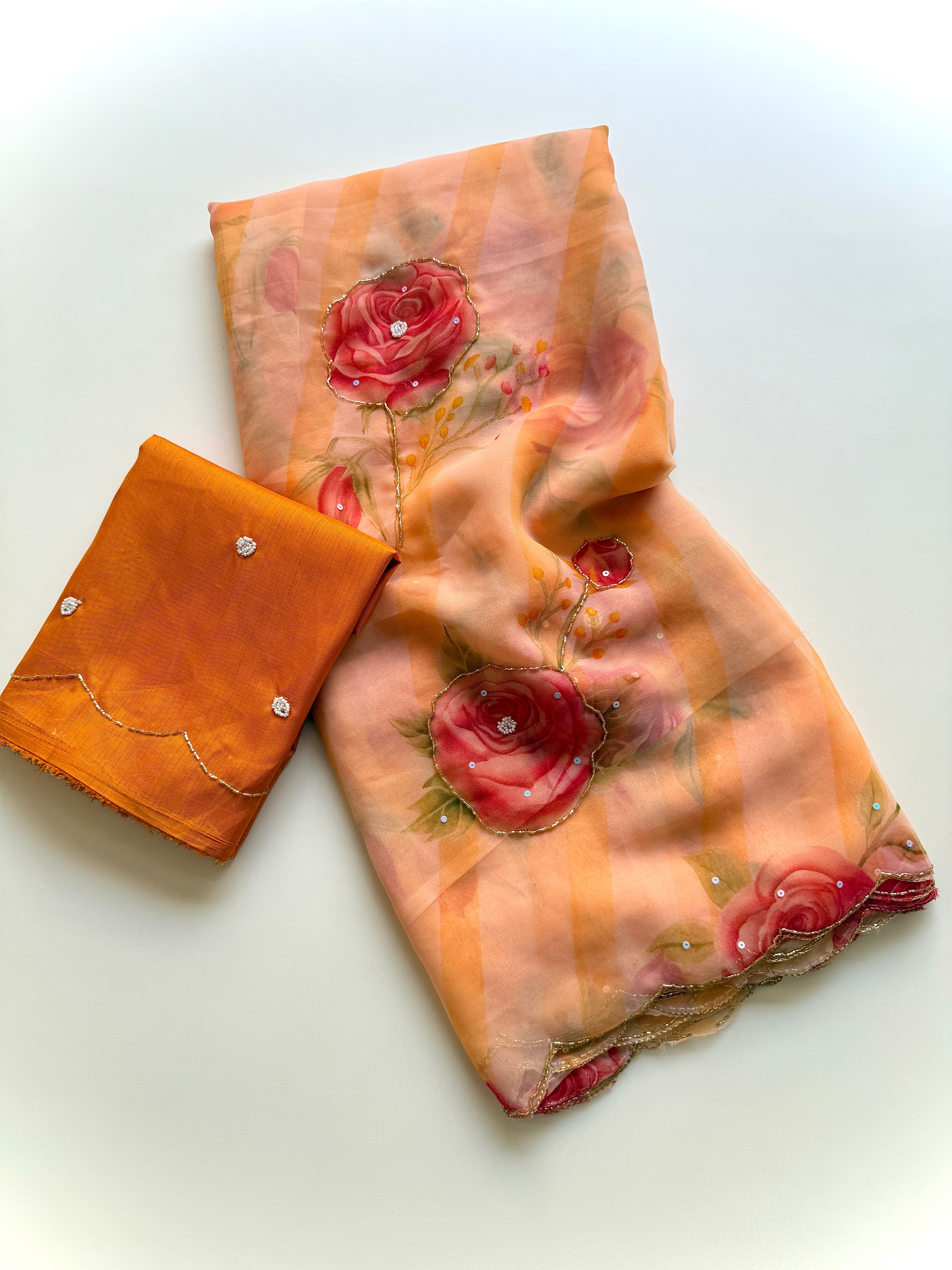 Gratifying Party Wear Soft Georgette Handwork Flower Design Saree With Blissful Blouse Piece