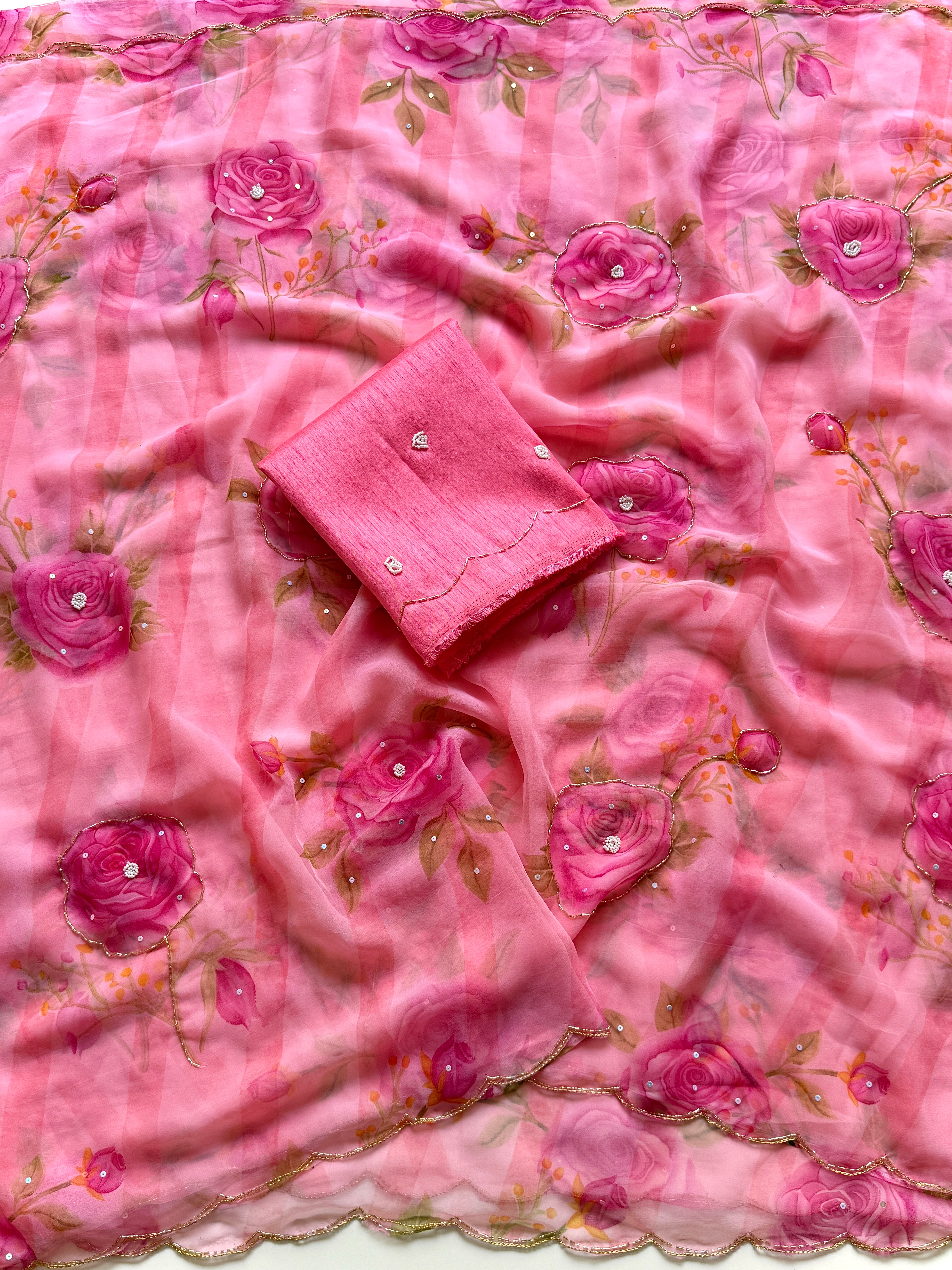 Gratifying Party Wear Soft Georgette Handwork Flower Design Saree With Blissful Blouse Piece