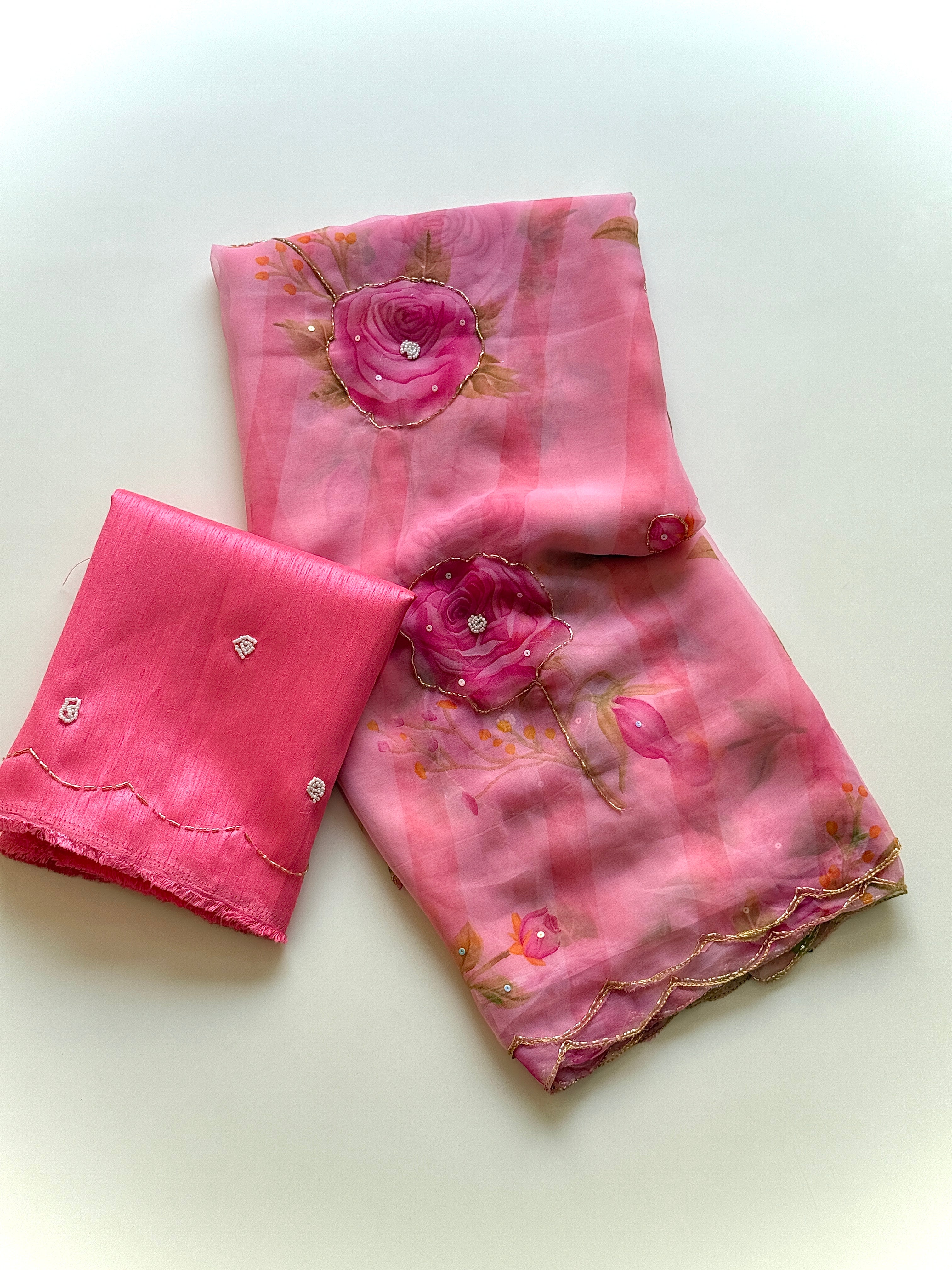 Gratifying Party Wear Soft Georgette Handwork Flower Design Saree With Blissful Blouse Piece