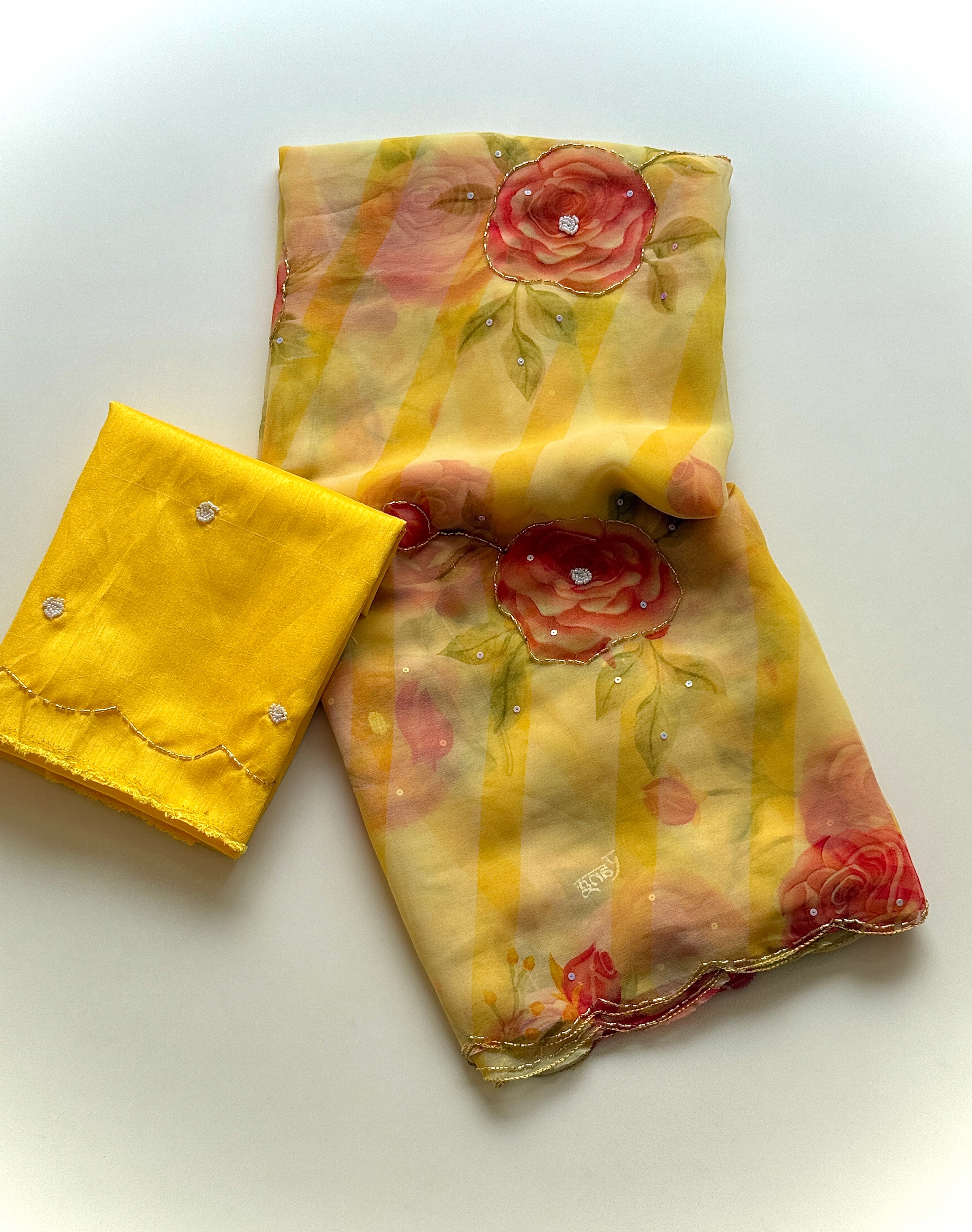 Gratifying Party Wear Soft Georgette Handwork Flower Design Saree With Blissful Blouse Piece
