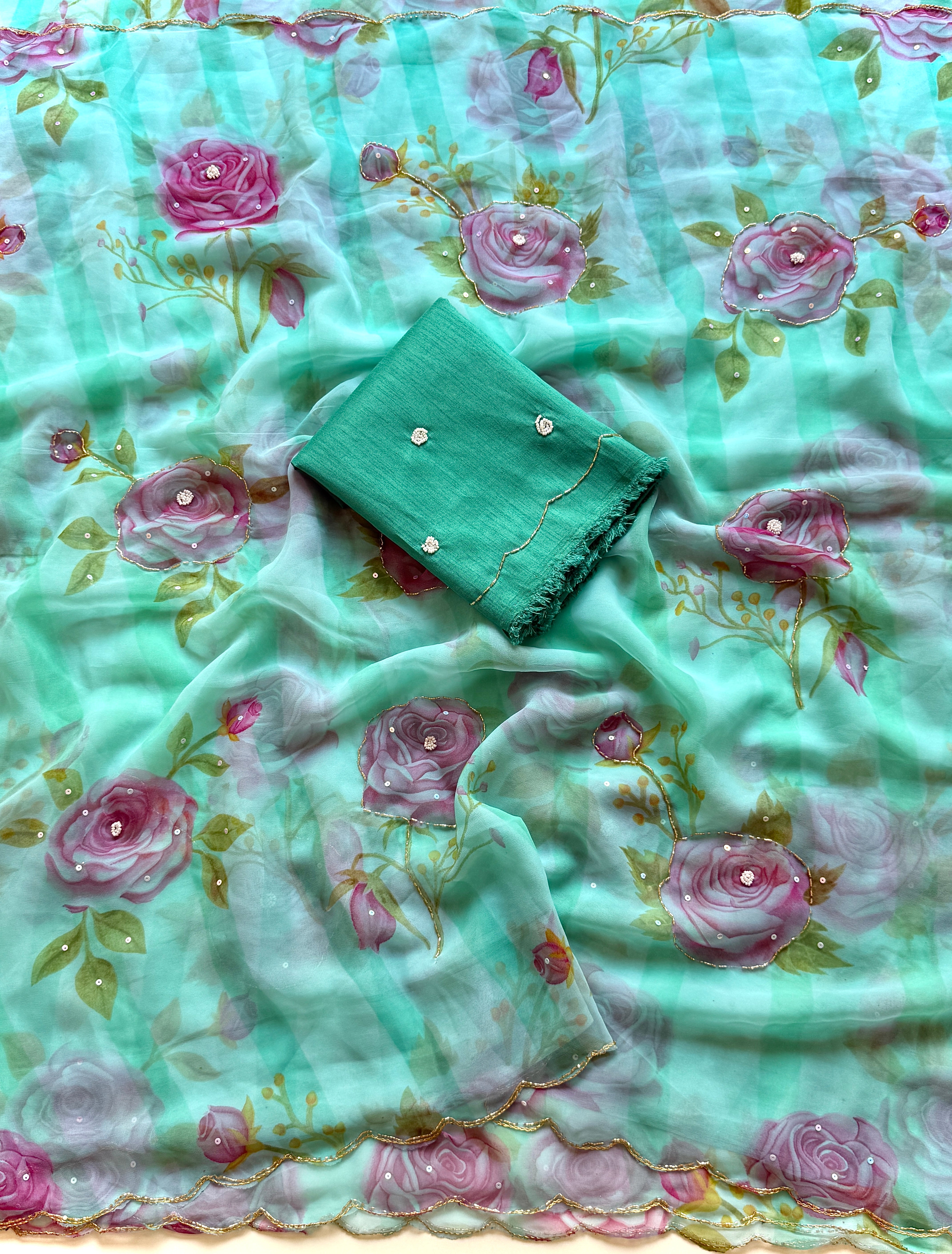 Gratifying Party Wear Soft Georgette Handwork Flower Design Saree With Blissful Blouse Piece