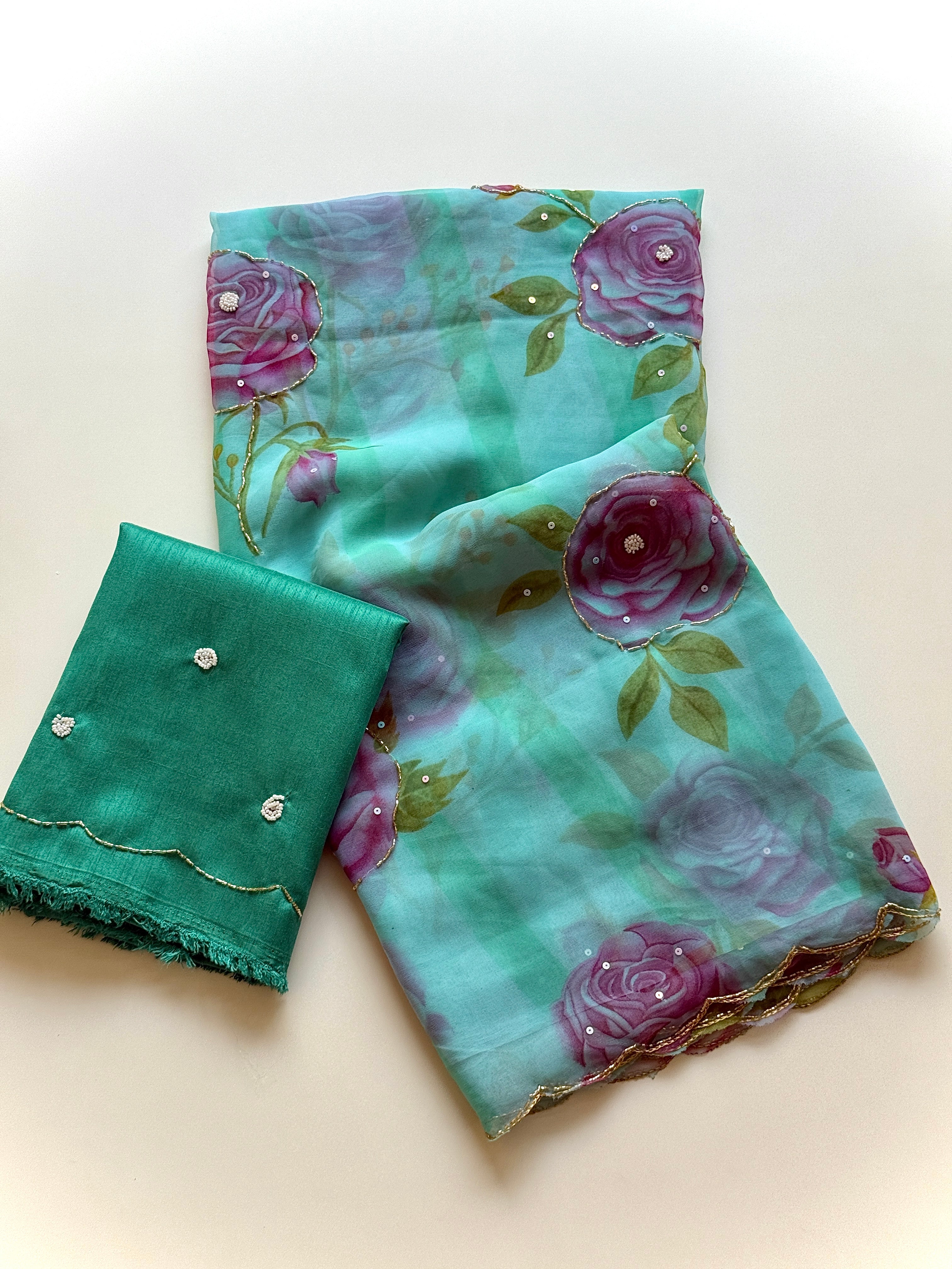 Gratifying Party Wear Soft Georgette Handwork Flower Design Saree With Blissful Blouse Piece