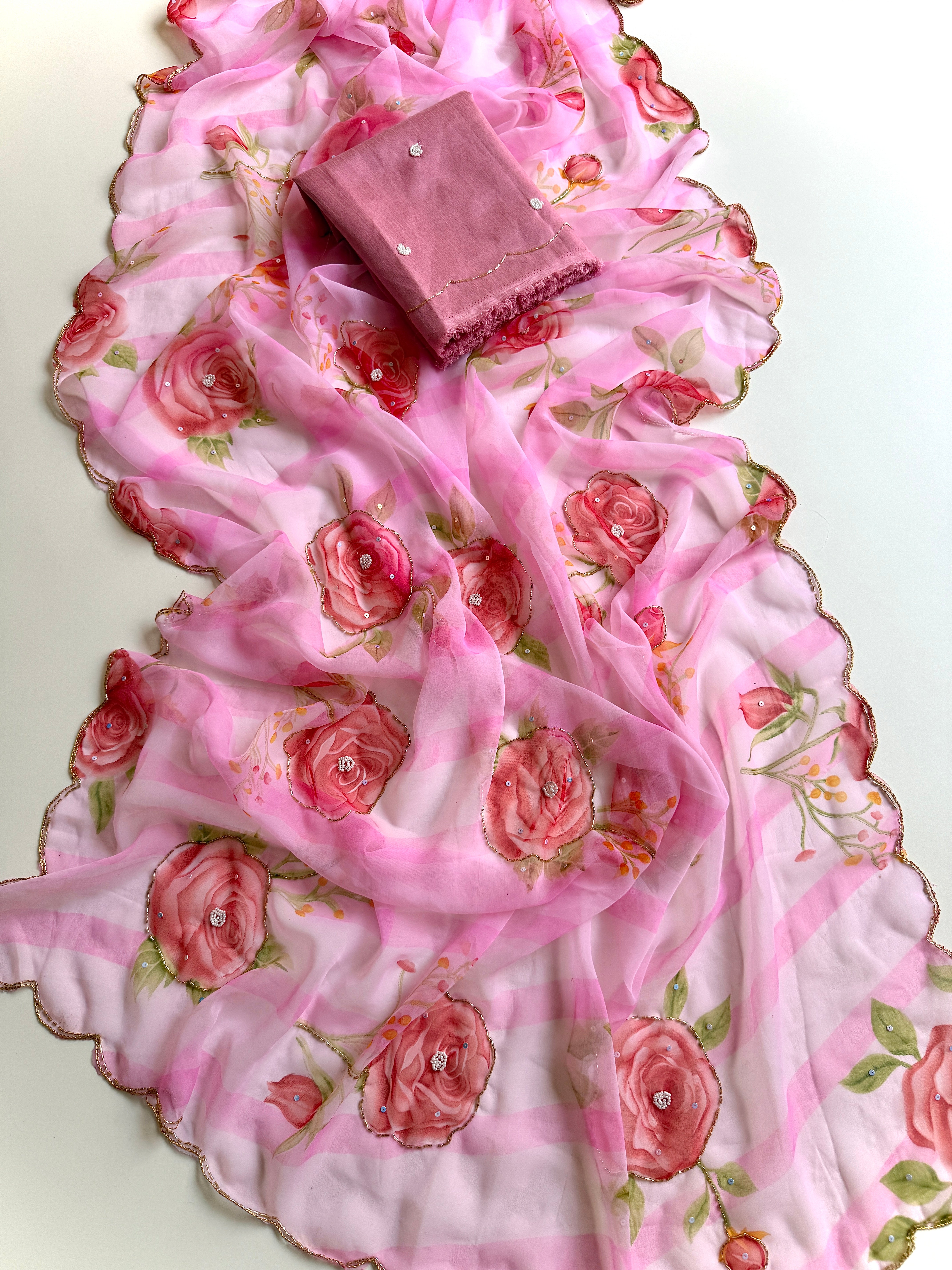Gratifying Party Wear Soft Georgette Handwork Flower Design Saree With Blissful Blouse Piece