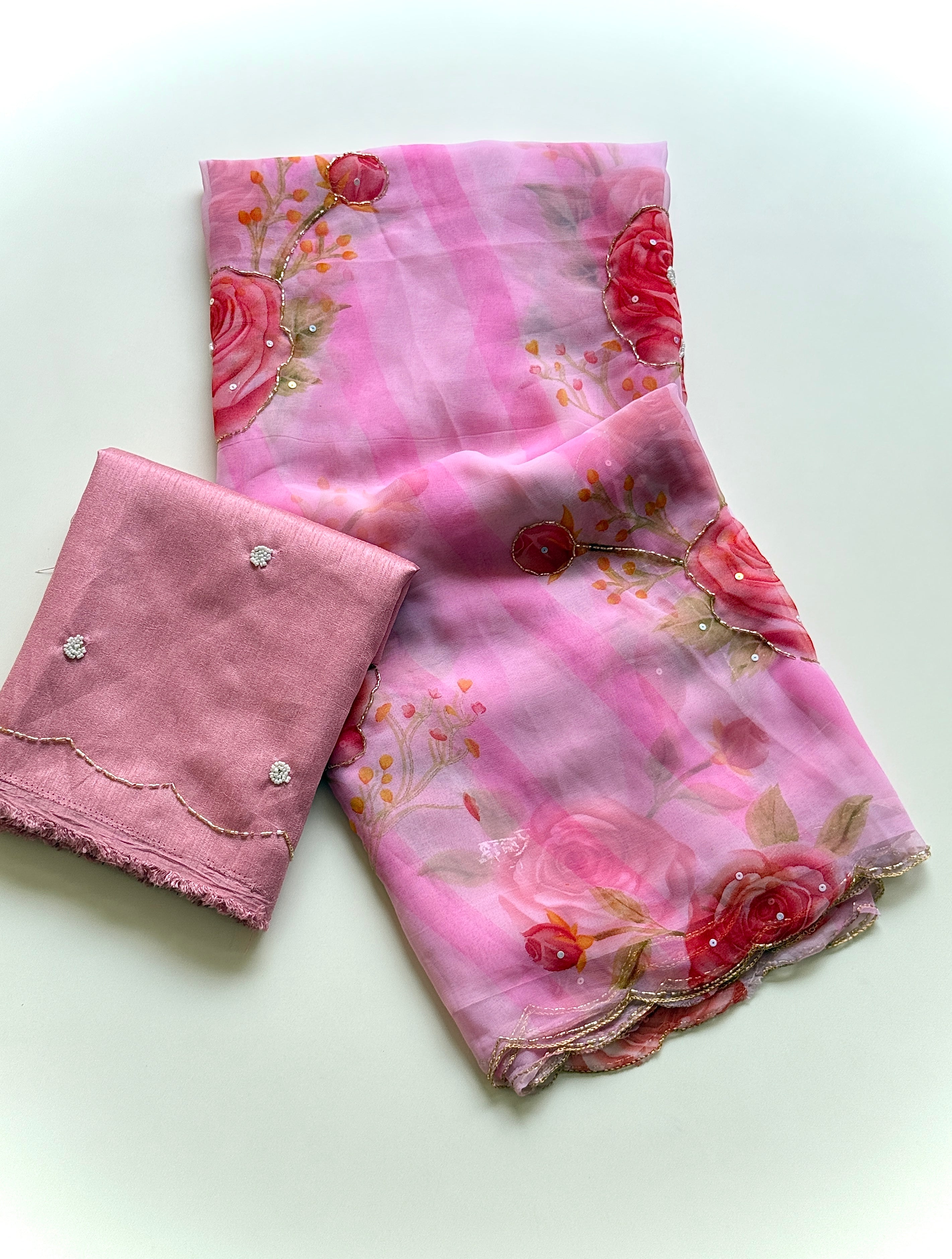 Gratifying Party Wear Soft Georgette Handwork Flower Design Saree With Blissful Blouse Piece