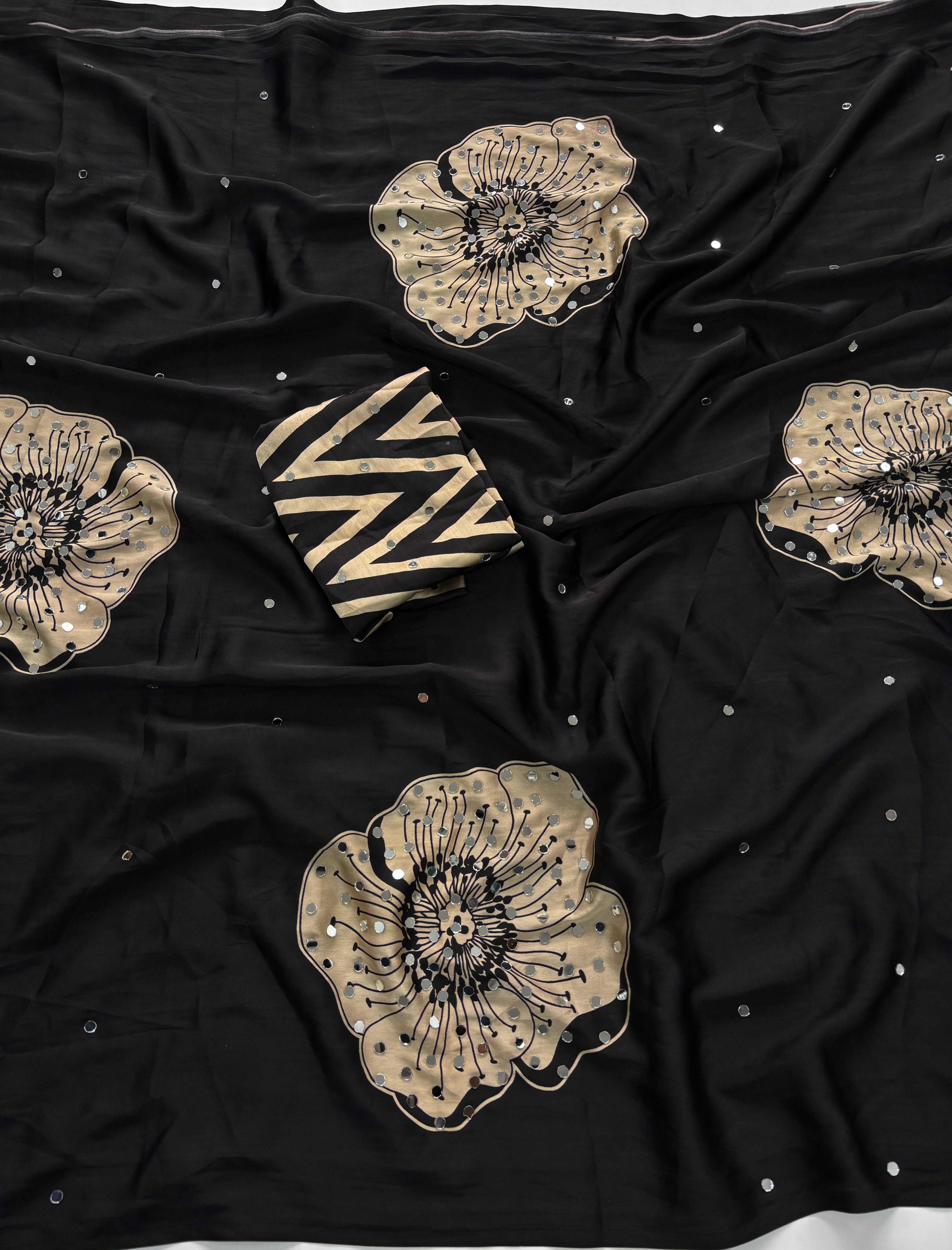 Exuberant Party Wear Satin Silk Mirror Work Designer Saree With Blissful Blouse Piece