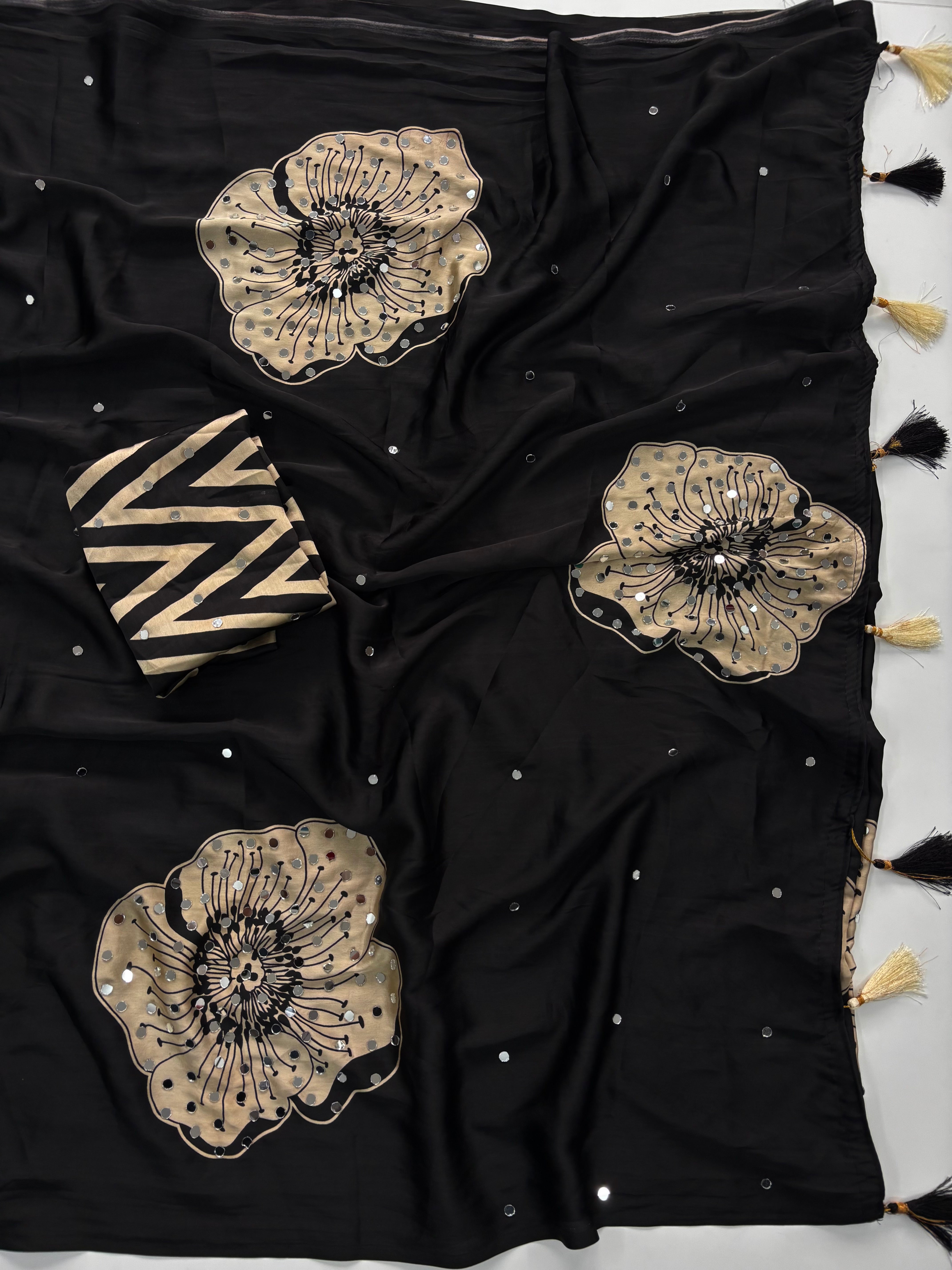Exuberant Party Wear Satin Silk Mirror Work Designer Saree With Blissful Blouse Piece