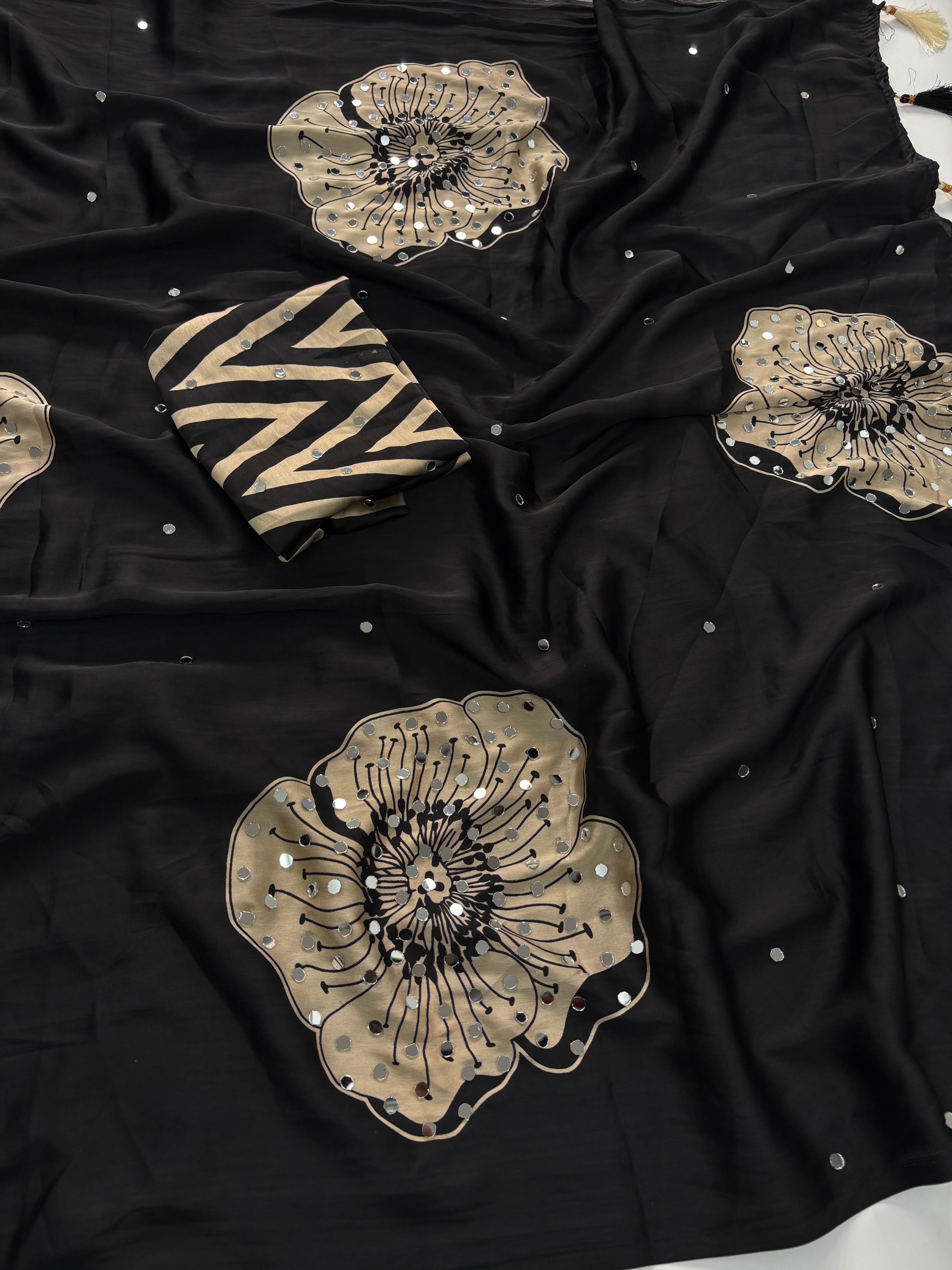 Exuberant Party Wear Satin Silk Mirror Work Designer Saree With Blissful Blouse Piece