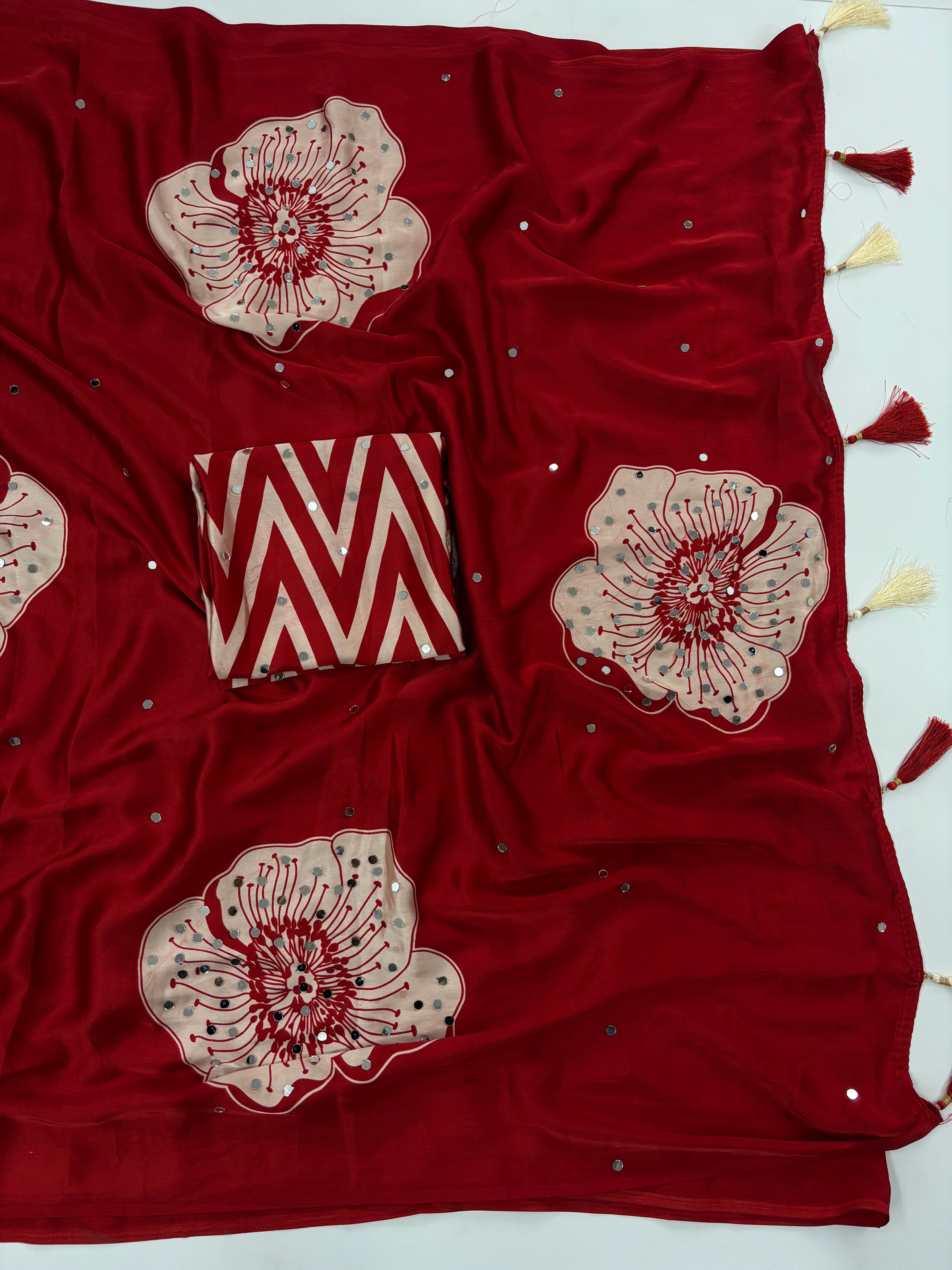 Exuberant Party Wear Satin Silk Mirror Work Designer Saree With Blissful Blouse Piece
