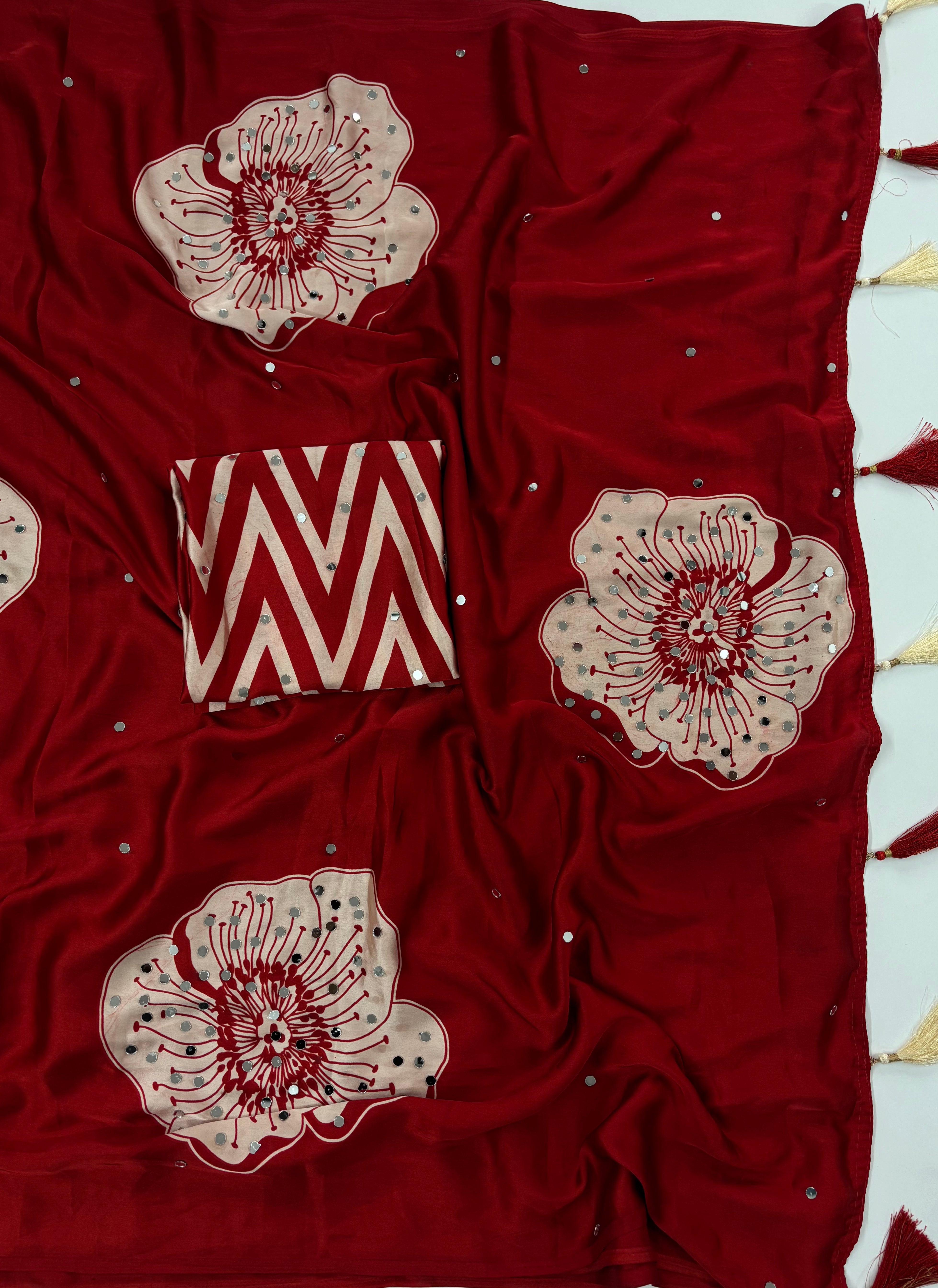 Exuberant Party Wear Satin Silk Mirror Work Designer Saree With Blissful Blouse Piece