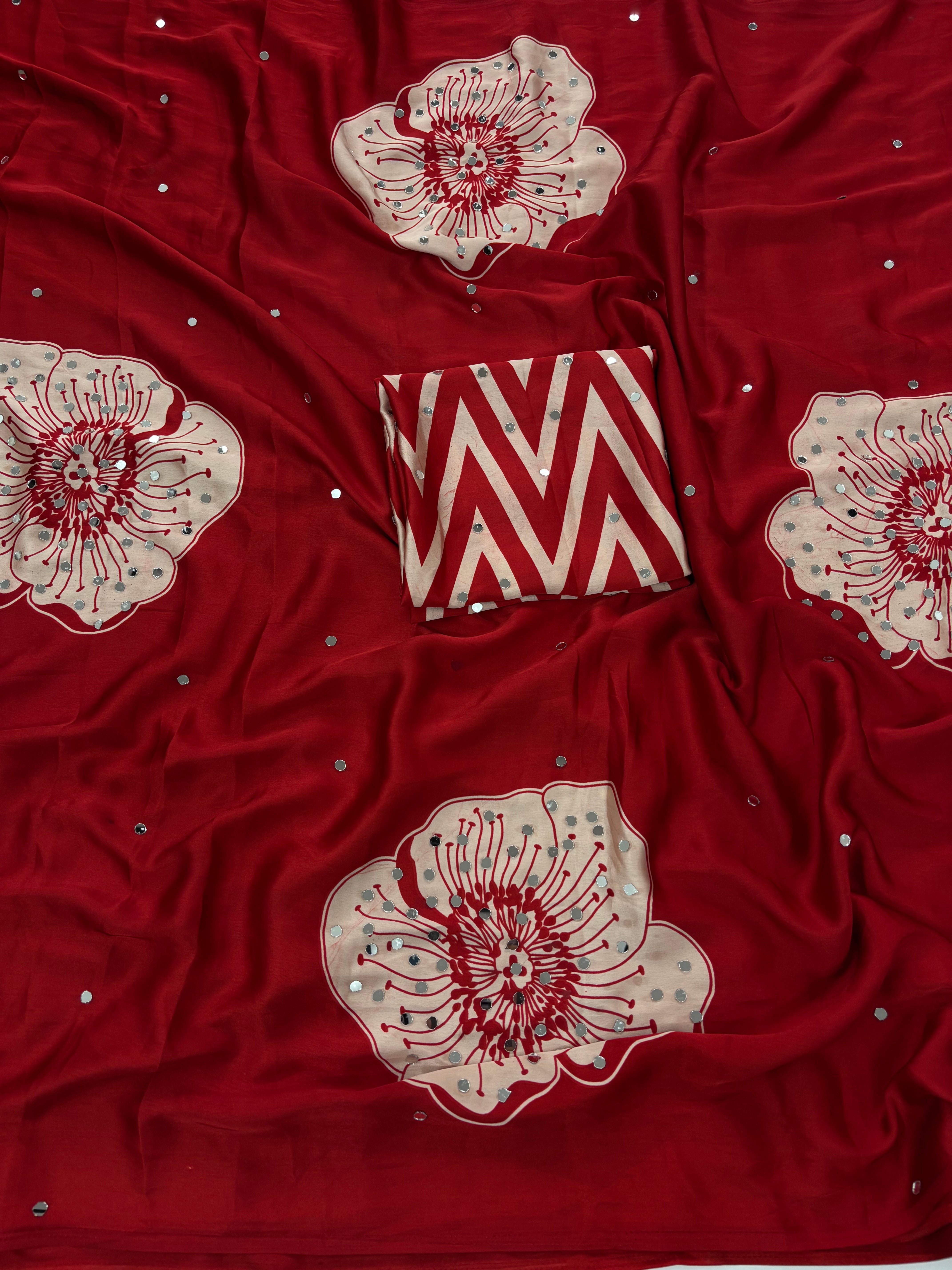 Exuberant Party Wear Satin Silk Mirror Work Designer Saree With Blissful Blouse Piece