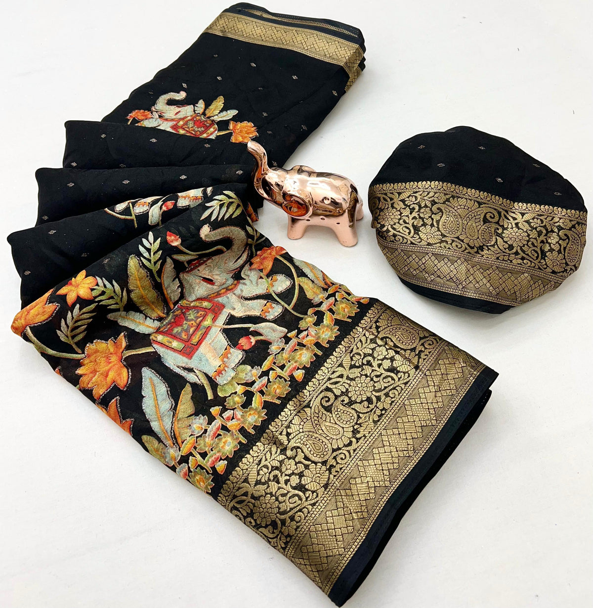 Whimsical Function Wear Black Colour Georgette Jacquard Weaving Border Rich Pallu Fancy Designer Saree For Party