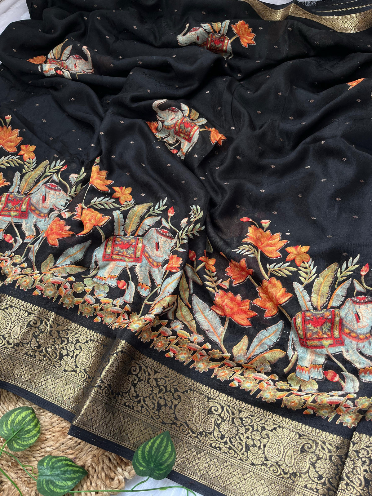 Whimsical Function Wear Black Colour Georgette Jacquard Weaving Border Rich Pallu Fancy Designer Saree For Party