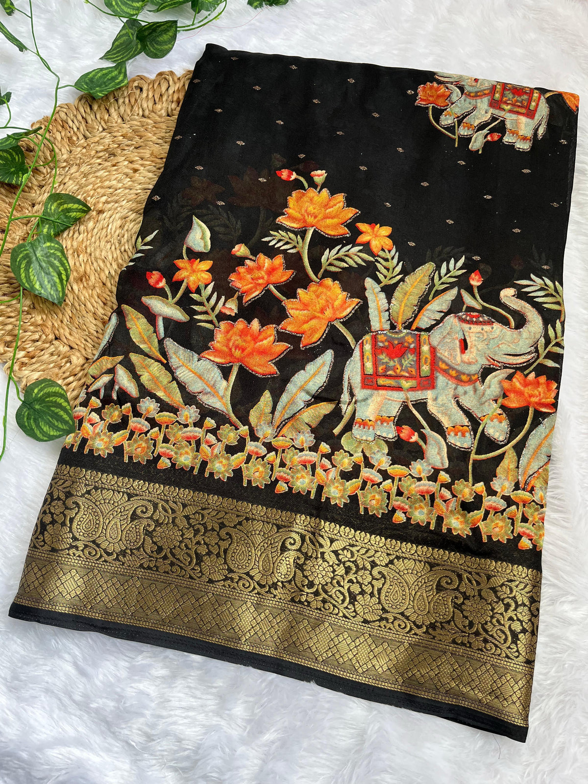 Whimsical Function Wear Black Colour Georgette Jacquard Weaving Border Rich Pallu Fancy Designer Saree For Party