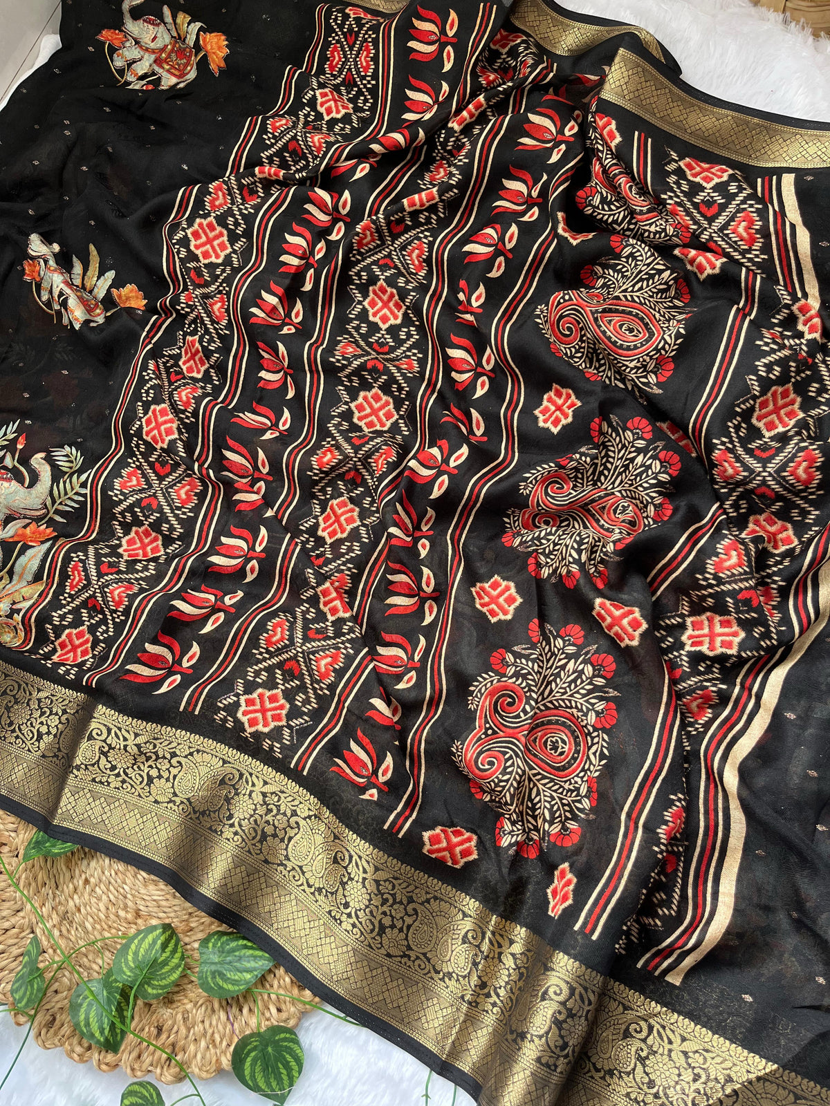 Whimsical Function Wear Black Colour Georgette Jacquard Weaving Border Rich Pallu Fancy Designer Saree For Party