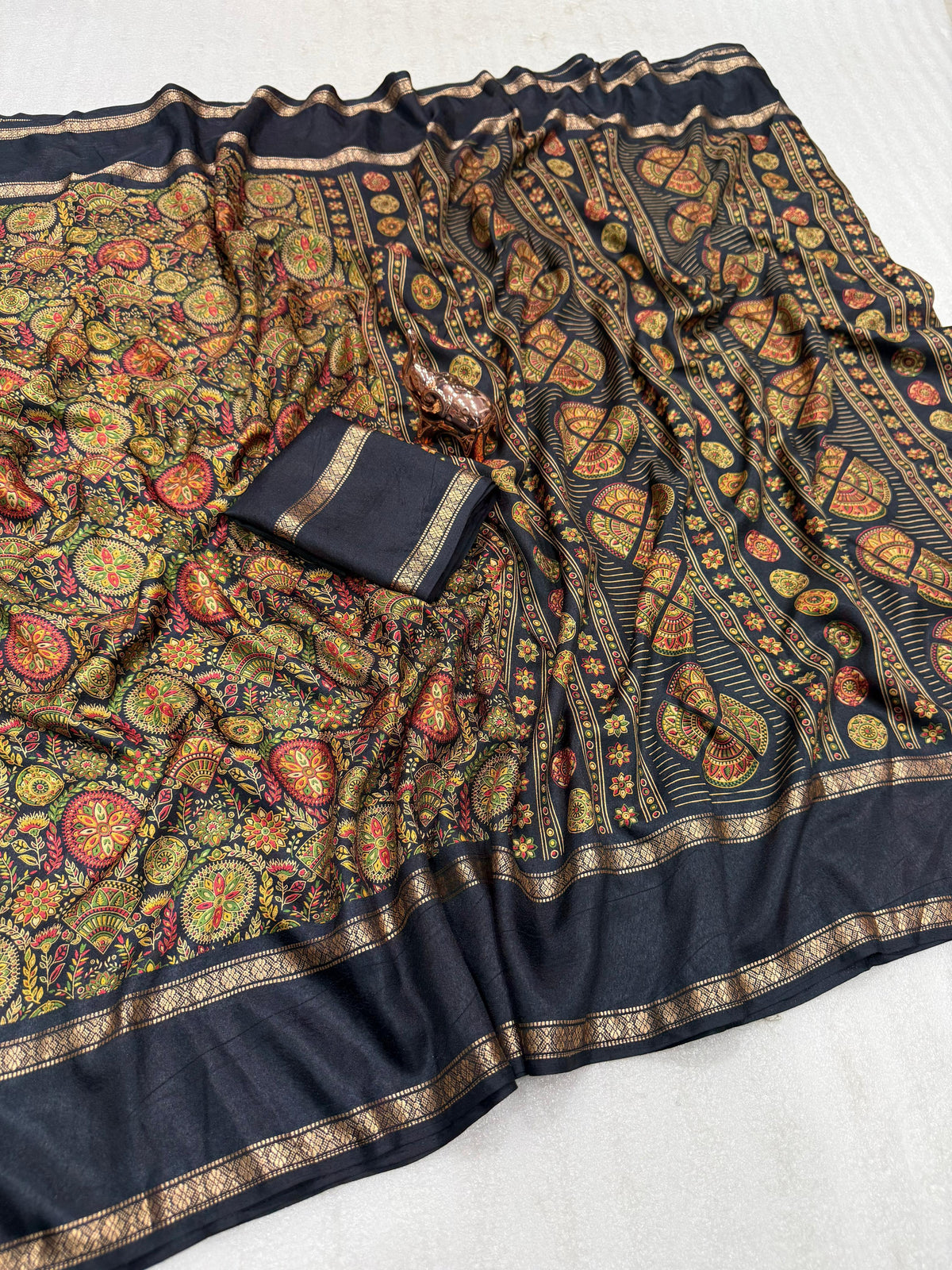 Desirable Festive Wear Pure Soft Tussar Kashmiri Silk Printed n Zari Work Border Rich Pallu Fancy Designer Saree