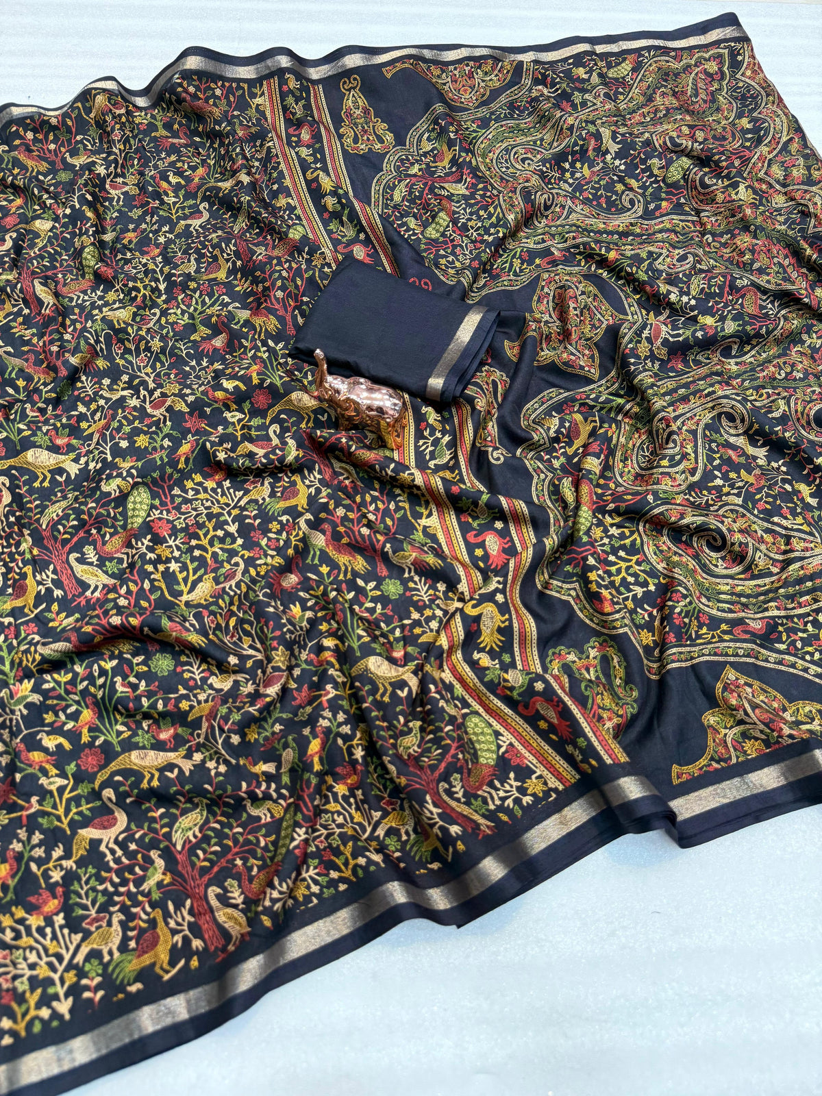 Graceful Party Wear Pure Soft Tussar Kashmiri Silk Printed n Zari Work Border Rich Pallu Fancy Designer Saree