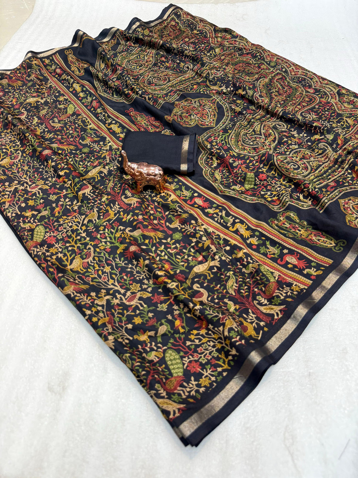 Graceful Party Wear Pure Soft Tussar Kashmiri Silk Printed n Zari Work Border Rich Pallu Fancy Designer Saree
