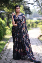 Load image into Gallery viewer, New Black Color Party Wear Chiffon Print With Embroidery Work Designer Saree
