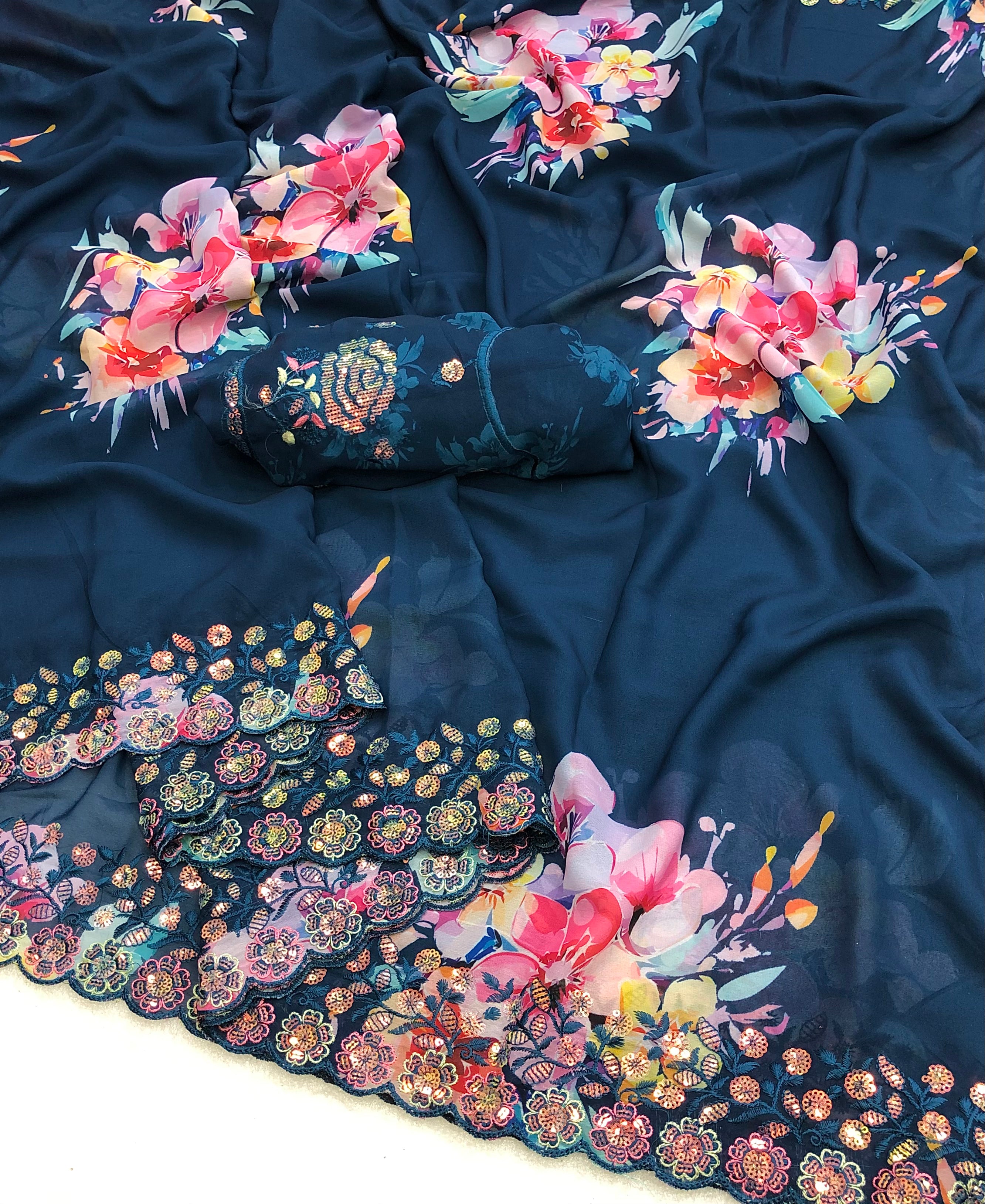 New Partywear Soft Weightless Chiffon Print n Sequence Work Fancy Designer Saree