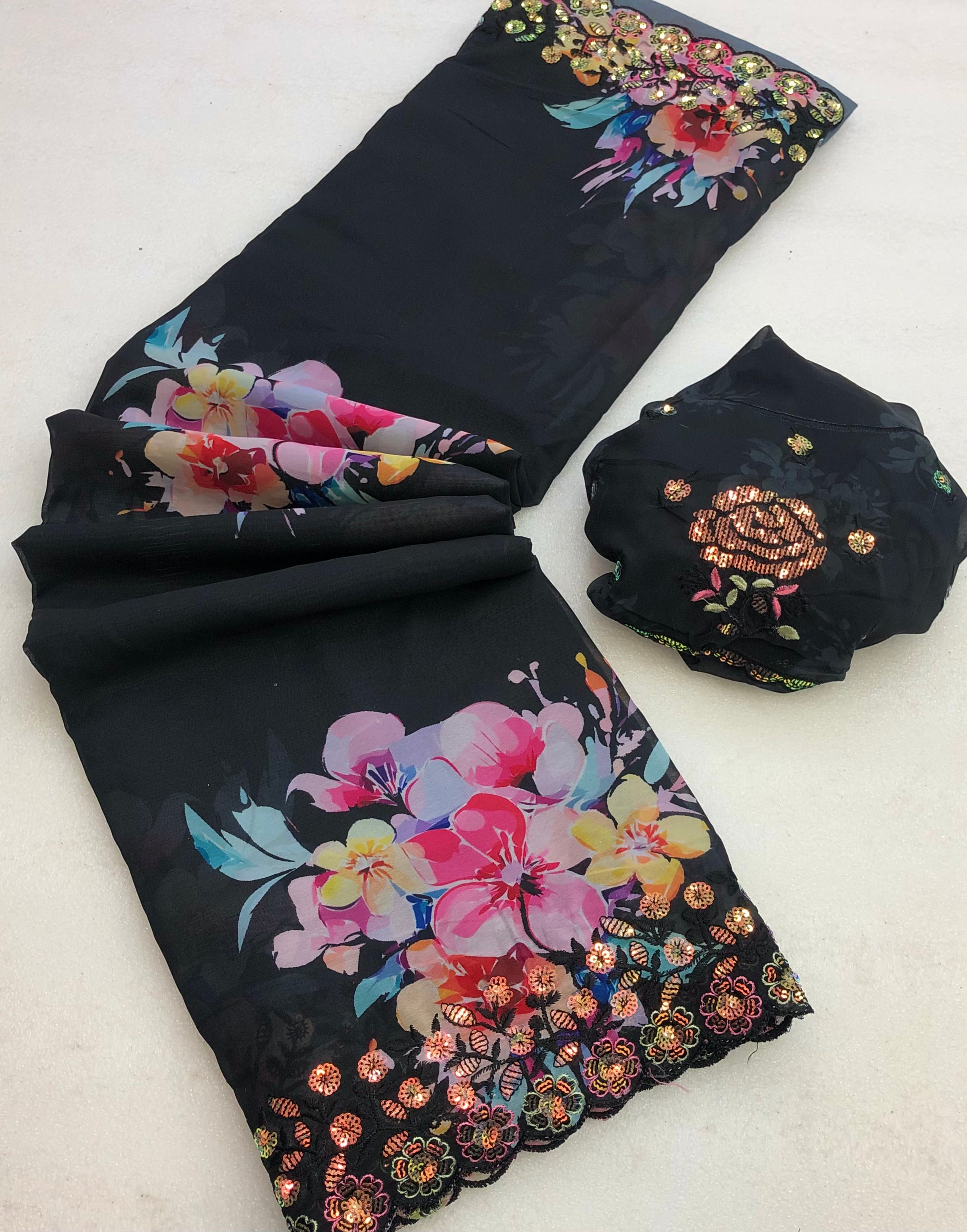 New Partywear Soft Weightless Chiffon Print n Sequence Work Fancy Designer Saree