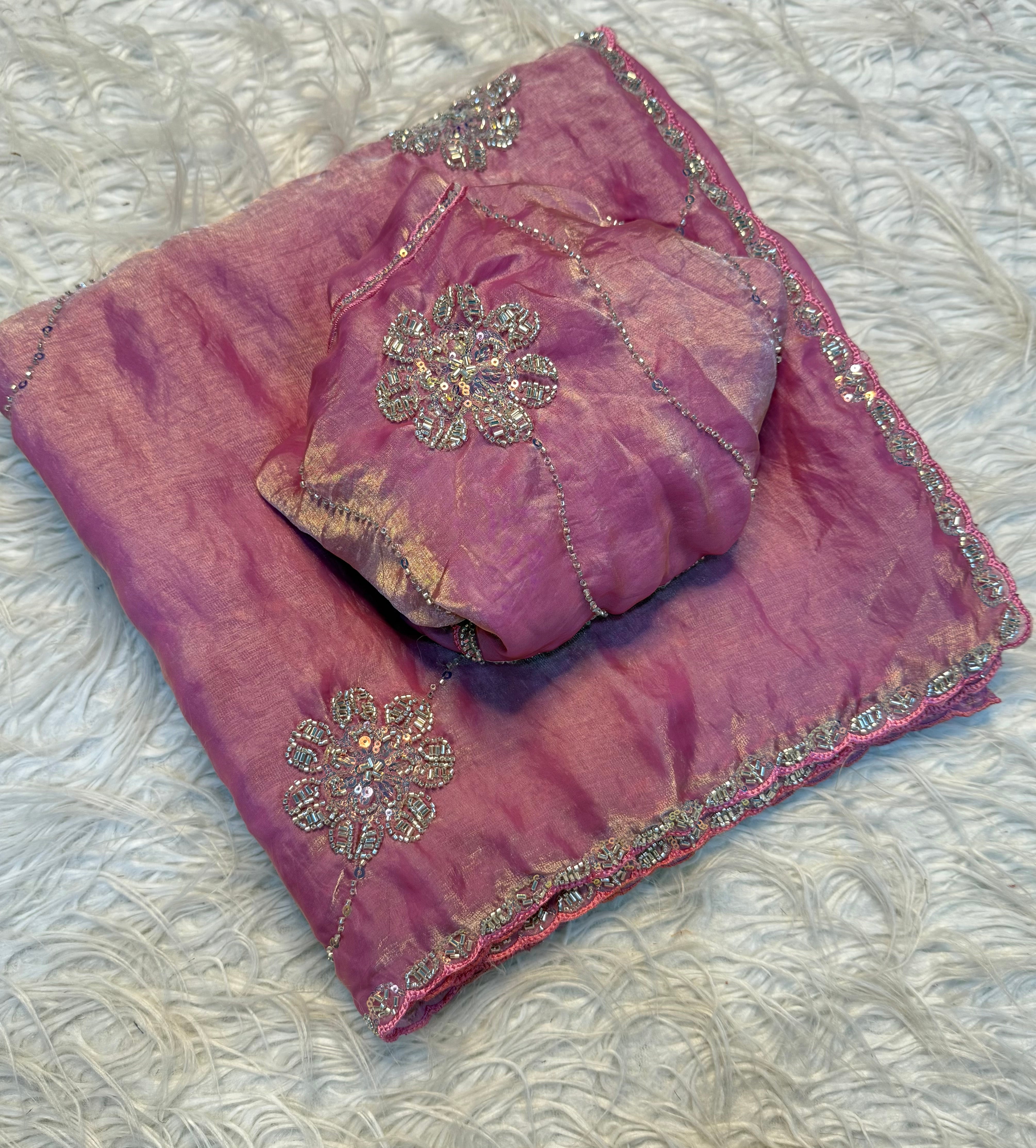 Glossy Party Wear Silk Handwork Sequence n Bids Work Designer Saree With Blouse Piece