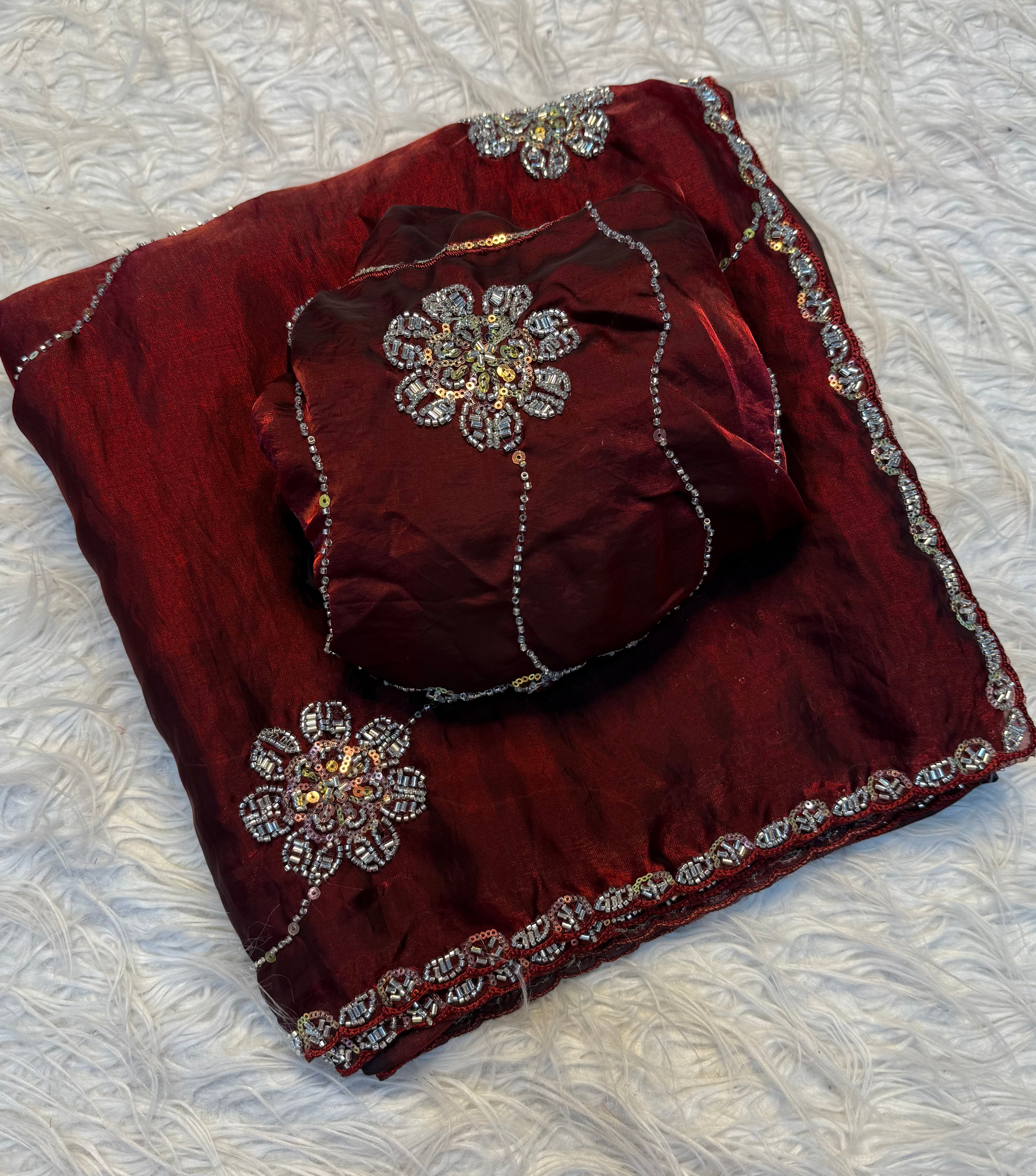 Glossy Party Wear Silk Handwork Sequence n Bids Work Designer Saree With Blouse Piece