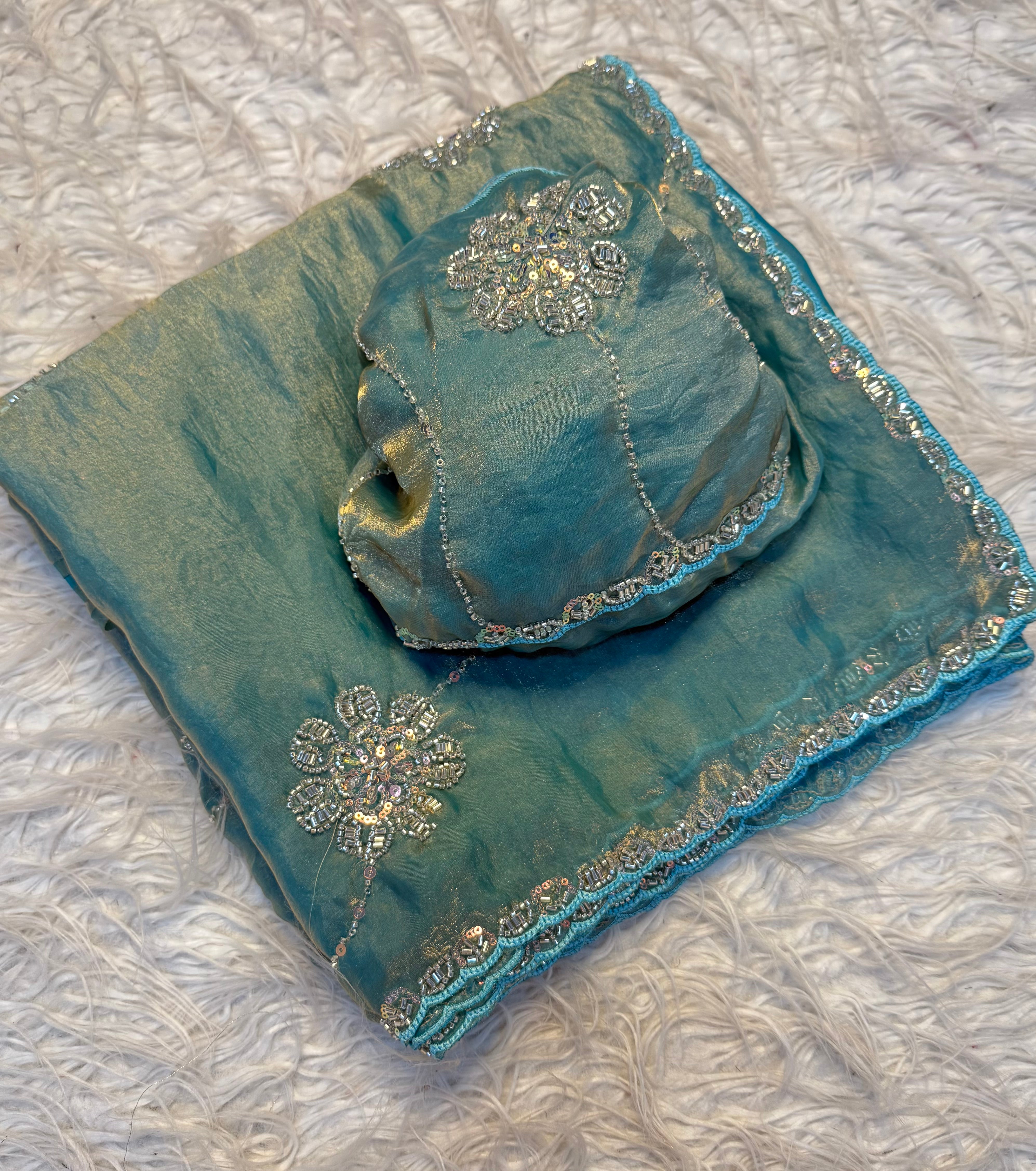 Glossy Party Wear Silk Handwork Sequence n Bids Work Designer Saree With Blouse Piece