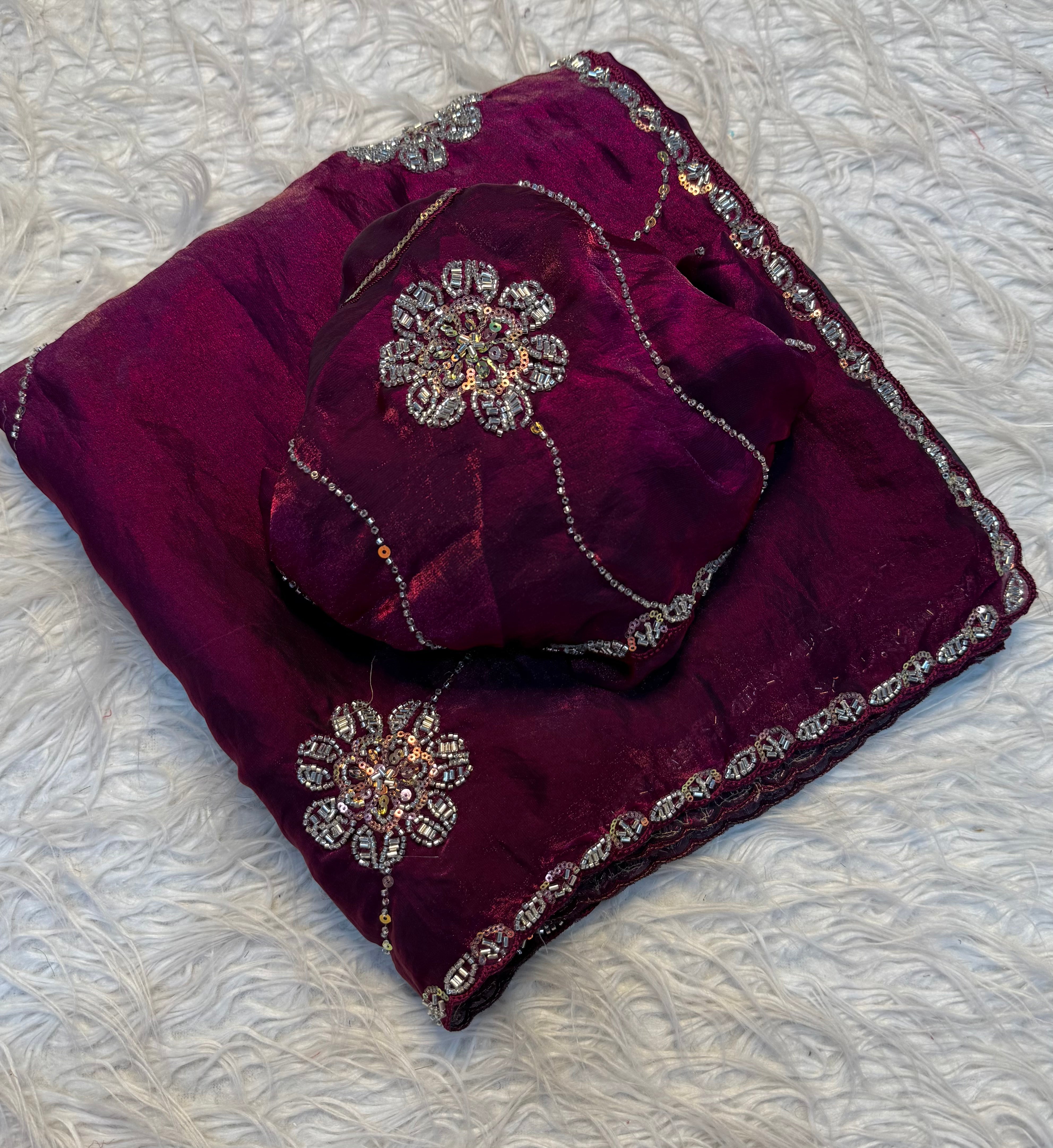 Glossy Party Wear Silk Handwork Sequence n Bids Work Designer Saree With Blouse Piece