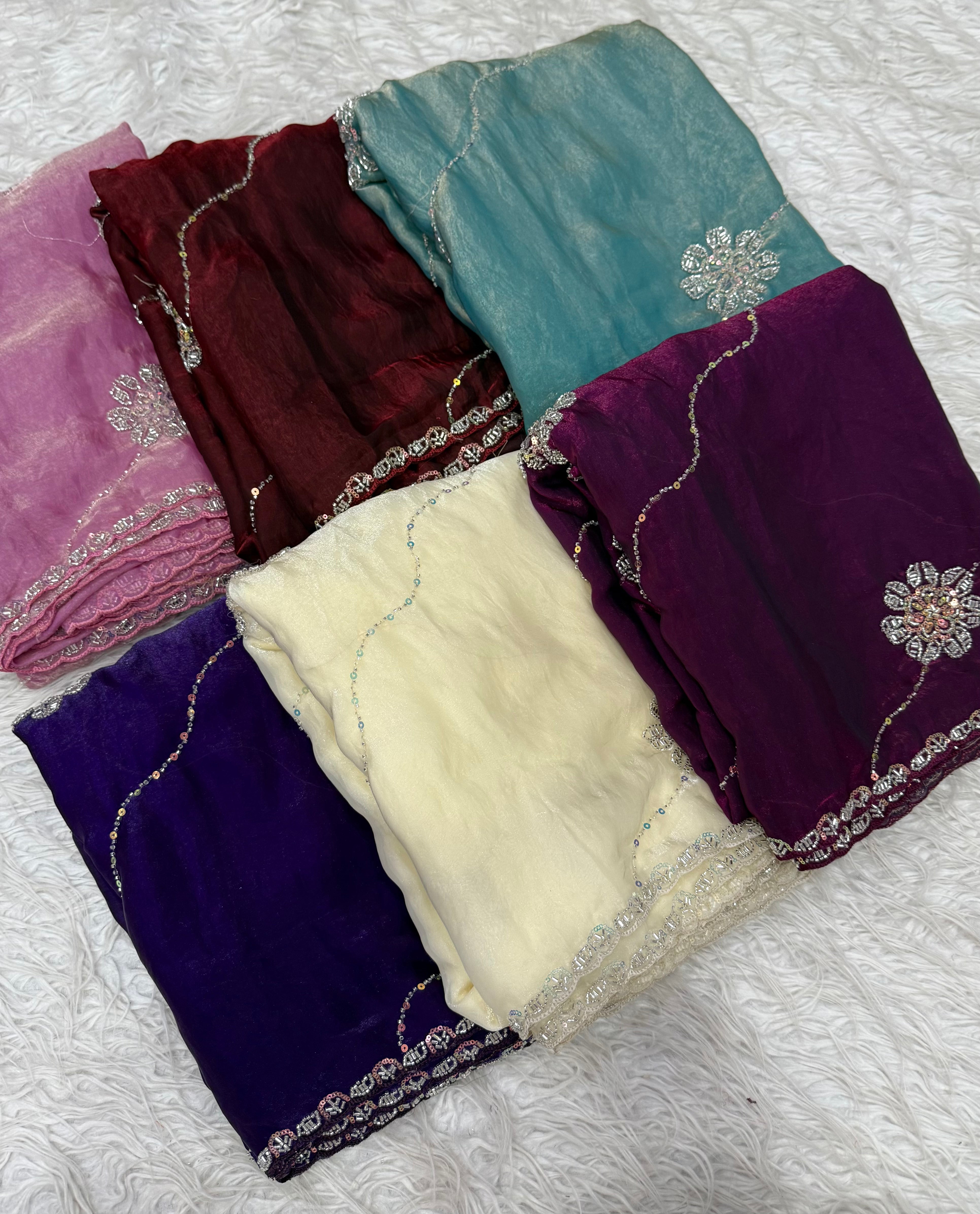 Glossy Party Wear Silk Handwork Sequence n Bids Work Designer Saree With Blouse Piece