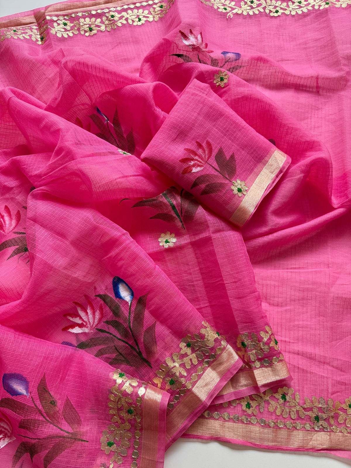 Incomparable Party Wear Soft Kota Doriya Gota Patti Work n Flower Print Designer Saree With Matching Blouse Piece